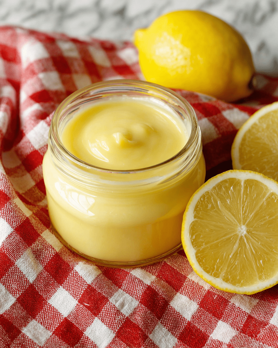 A clear glass jar filled with smooth, thick, pale yellow lemon curd that has a slightly glossy, creamy texture on top. The jar sits on a red and white checkered cloth with two halves of bright yellow lemons placed nearby, showing the juicy, segmented inside of the fruit. The background has a white marbled texture. photo taken with an iphone --ar 4:5 --v 7