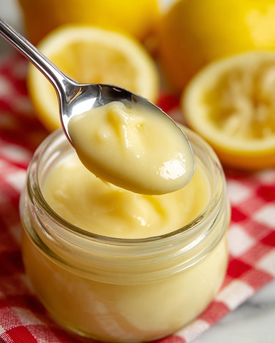 A close-up view of a shiny silver spoon holding a thick, smooth, pale yellow creamy substance with a slight curl in the center. Below the spoon, there is a clear glass jar filled with the same yellow creamy substance. In the background, there are blurred halves of bright yellow lemons and a red-and-white checkered cloth partially visible. The overall scene sits on a white marbled texture. photo taken with an iphone --ar 4:5 --v 7