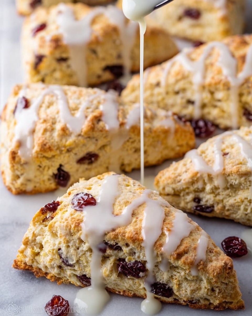The image shows several golden-baked scones arranged close together on a white marbled surface, each scone triangular in shape with a crumbly texture. Dark red dried fruit pieces are visible baked inside the scones, adding contrast to the light dough. A spoon is held above the front scone, pouring a smooth white glaze drizzle that flows down the sides in thin lines. The glaze highlights the scones’ uneven surface and slightly crispy edges, making the treat look fresh and appealing. Photo taken with an iphone --ar 4:5 --v 7