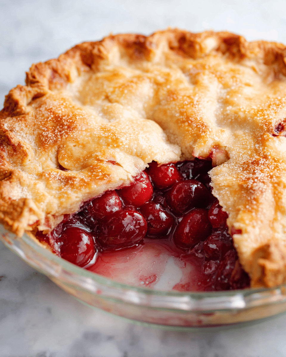 A close-up image of a cherry pie with one slice removed, showing two main layers: the top layer is a golden-brown, flaky crust with a slightly crimped edge and a shimmering sugar coating, while the bottom layer reveals deep red, juicy cherry filling with whole cherries visible and some syrup pooling at the bottom of a clear pie dish. The dish sits on a surface with a white marbled texture, highlighting the warm tones of the pie crust and the rich color of the cherries. photo taken with an iphone --ar 4:5 --v 7