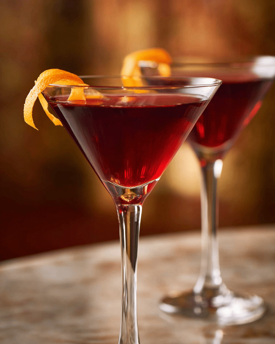 Two clear martini glasses hold a deep red drink, each garnished with a bright orange peel twisted and placed on the glass rim. The liquid is smooth and shiny, filling most of the glass bowl, which sits on a tall, thin stem. The background is softly blurred with warm brown and golden tones, highlighting the rich color of the drink. The scene rests on a surface with a white marbled texture. photo taken with an iphone --ar 4:5 --v 7