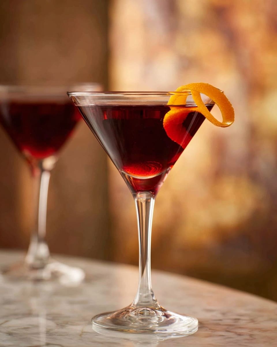 A clear glass martini glass filled with a deep red liquid that reaches near the rim, creating a smooth and reflective surface. An orange peel twist rests on the rim, curling stylishly over the edge, adding a bright contrast to the dark drink. The glass sits on a white marbled table, with a soft, blurred warm background behind it, giving a cozy and elegant atmosphere. Another similar glass with the same contents is partially visible on the left side. photo taken with an iphone --ar 4:5 --v 7
