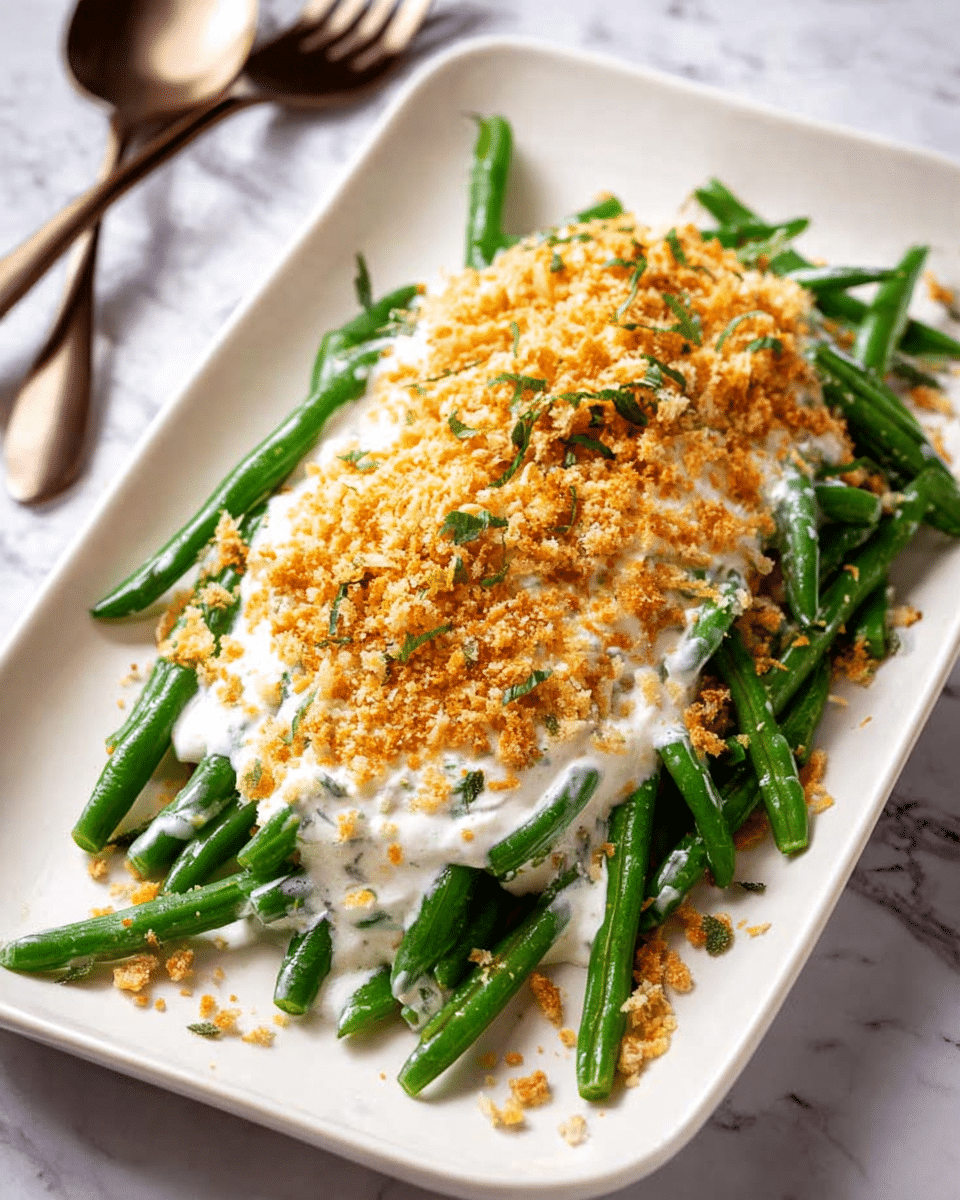 A white rectangular plate holds a dish with three visible layers: the bottom layer is a bed of fresh green beans that are bright and firm, placed in a slightly scattered arrangement. On top of the green beans is a thick layer of white creamy sauce, smoothly spread but with some peaks. The top layer is a generous sprinkling of golden brown toasted breadcrumbs, unevenly spread, adding a crunchy texture and small green herb bits mixed in. The plate sits on a white marbled surface with a bronze spoon and fork set placed to the side. photo taken with an iphone --ar 4:5 --v 7
