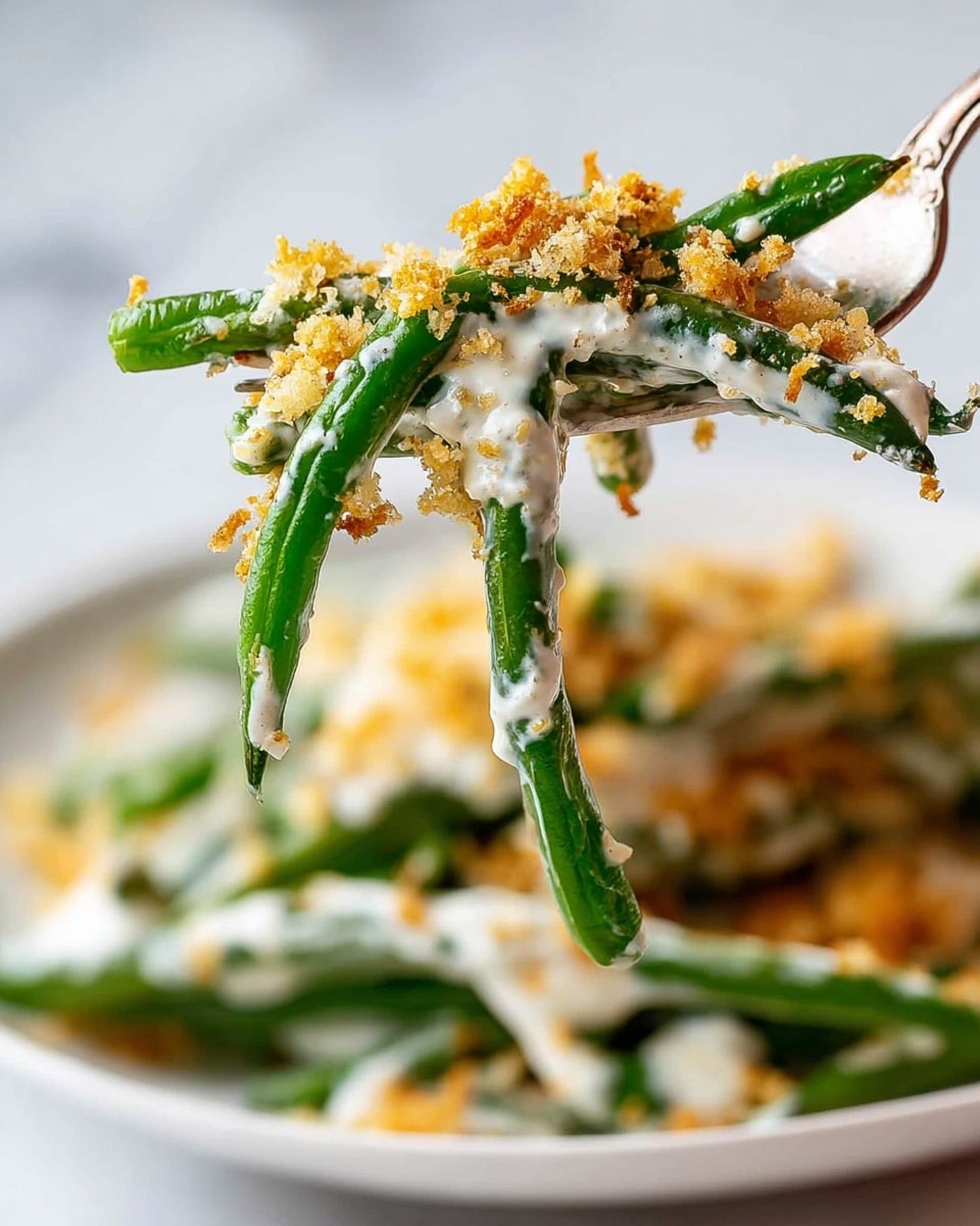 The image shows a close-up of green beans on a silver fork, lifted above a white plate. The green beans are fresh and bright green, covered with a creamy white sauce and sprinkled with golden brown breadcrumbs, which add a rough, crunchy texture on top and around the vegetables. The background is softly blurred, highlighting the focus on the forkful of green beans and the plate below, which also has the same creamy sauce and breadcrumb topping. The scene is set on a white marbled surface. photo taken with an iphone --ar 4:5 --v 7
