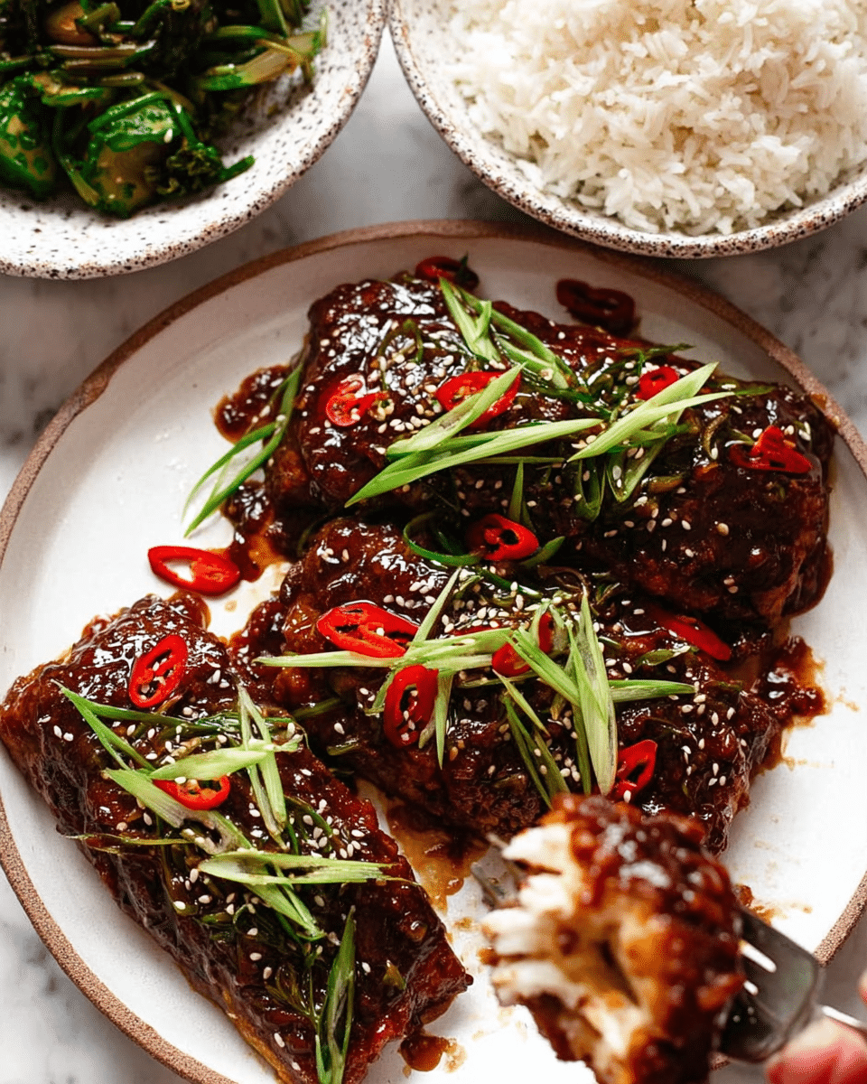 The image shows pieces of fish covered in a thick, dark brown glaze, topped with thin green onion strips and slices of red chili peppers sprinkled with white sesame seeds, all placed on a white plate. The fish pieces have a shiny and slightly sticky texture, and one piece is being held with a fork showing the flaky white inside. Surrounding the fish, there are two bowls, one filled with white rice and the other with cooked green vegetables, both bowls are white with a speckled pattern. The whole setup is on a white marbled surface. photo taken with an iphone --ar 4:5 --v 7