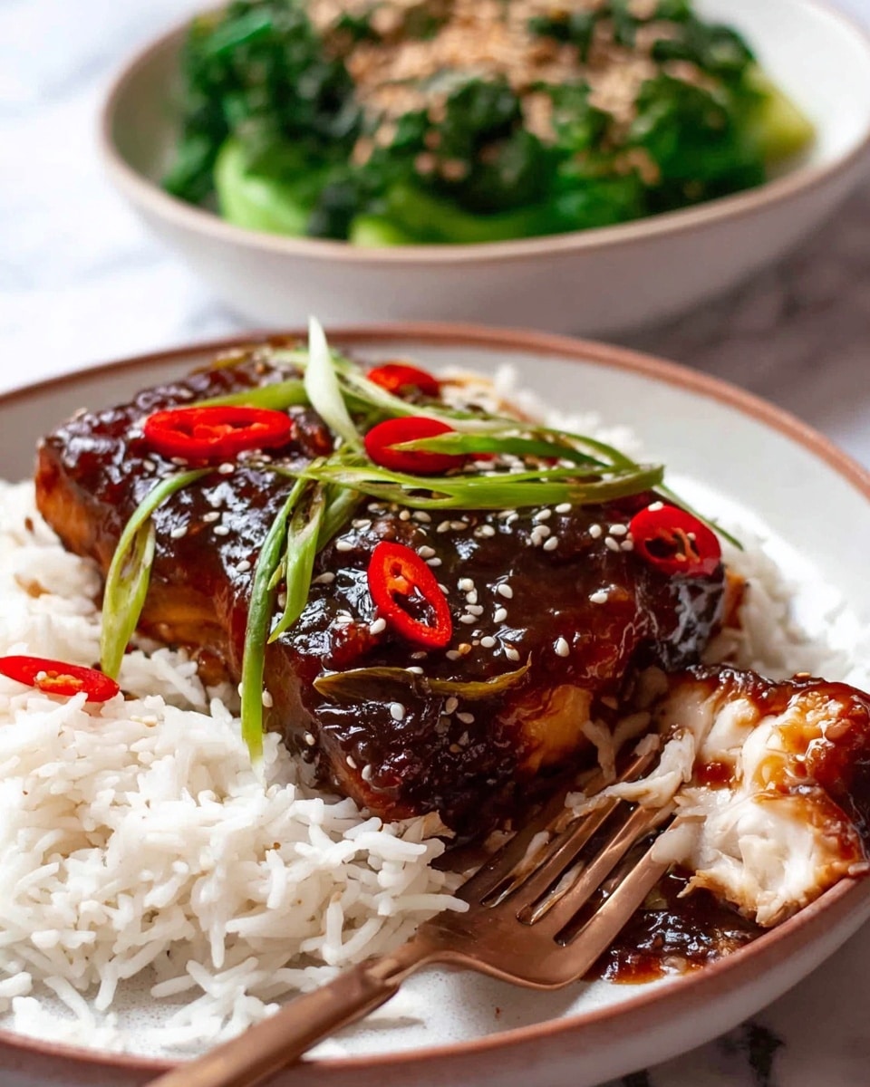 A white plate with a layer of white rice as the base, topped with a thick piece of glazed dark brown fish coated in a shiny sauce. The fish is garnished with thin green strips and slices of red chili pepper, along with white sesame seeds sprinkled over. Part of the fish is cut and separated, showing the soft, light-colored inside. A white bowl in the background holds a green vegetable side dish with sesame seeds sprinkled on top. A bronze fork rests on the rice near the fish, and the whole scene is set on a white marbled surface. photo taken with an iphone --ar 4:5 --v 7