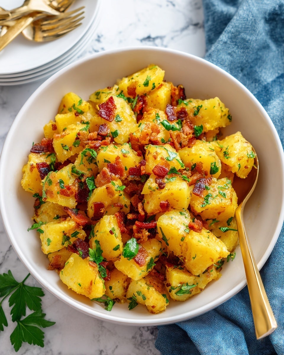 A white bowl filled with cooked potato cubes that are yellowish with a soft texture, mixed with crispy small pieces of reddish-brown bacon scattered on top and throughout the bowl. Green fresh parsley leaves are spread across the dish adding a bright contrast. The bowl sits on a white marbled surface, with a gold spoon inserted into the food on the right side of the bowl. Nearby, a folded blue cloth and stacked white plates with gold forks are partly visible. Photo taken with an iphone --ar 4:5 --v 7