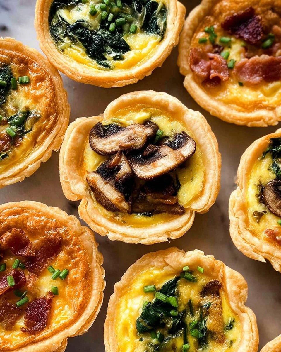 The image shows several small savory tarts with golden, flaky crusts. Each tart has one main layer of creamy yellow egg filling, topped with different ingredients. Some have leafy green spinach filling with a slightly wilted texture, others are topped with small brown mushroom slices and bits of fresh green chives, and a few have crispy bacon pieces scattered on top, adding a reddish-brown color contrast. The tarts are placed close together on a surface with a white marbled texture. The lighting highlights the shiny, cooked textures of the fillings and the crispness of the crusts. photo taken with an iphone --ar 4:5 --v 7