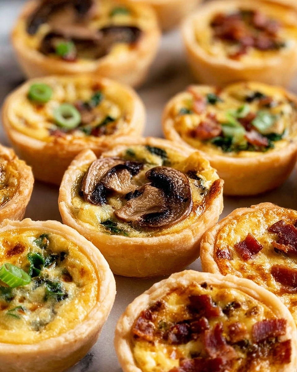 The image shows several small tartlets stacked closely together, each with a golden-brown flaky crust. Each tartlet has one visible layer of filling with a creamy, slightly browned topping. Some tartlets feature slices of cooked mushrooms in dark brown and light tan shades, garnished with small chopped green onions. Others have bits of crispy bacon in reddish-brown pieces sitting on a cheese and egg base that is light yellow with golden spots. A few tartlets also have green leafy herbs mixed into the filling, adding a touch of dark green color. The texture of the filling looks soft and moist while the crust is crisp and thick. The tartlets are placed over a white marbled surface. photo taken with an iphone --ar 4:5 --v 7