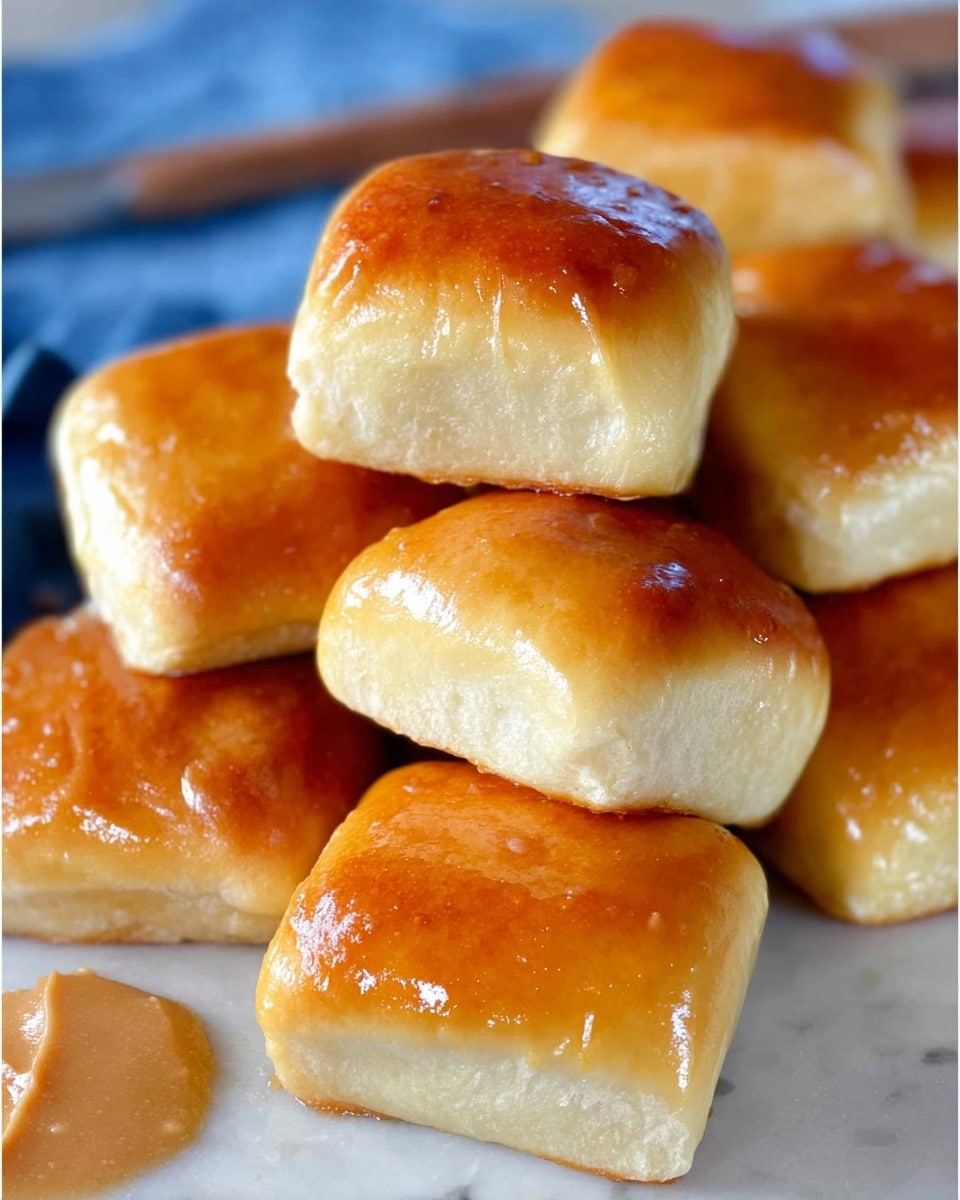 The image shows a close-up of several small, square-shaped dinner rolls with a shiny, golden-brown top crust and soft, light-colored sides and bottom. The rolls are neatly stacked and scattered over a white marbled surface, creating a sense of abundance and warmth. The texture of the crust appears smooth and slightly glossy, indicating a fresh glaze or butter coating. One blue cloth is partially visible beneath some rolls, adding subtle color contrast. At the bottom edge, the tip of a metal butter knife is visible next to a smear of paté or spread. Photo taken with an iphone --ar 4:5 --v 7