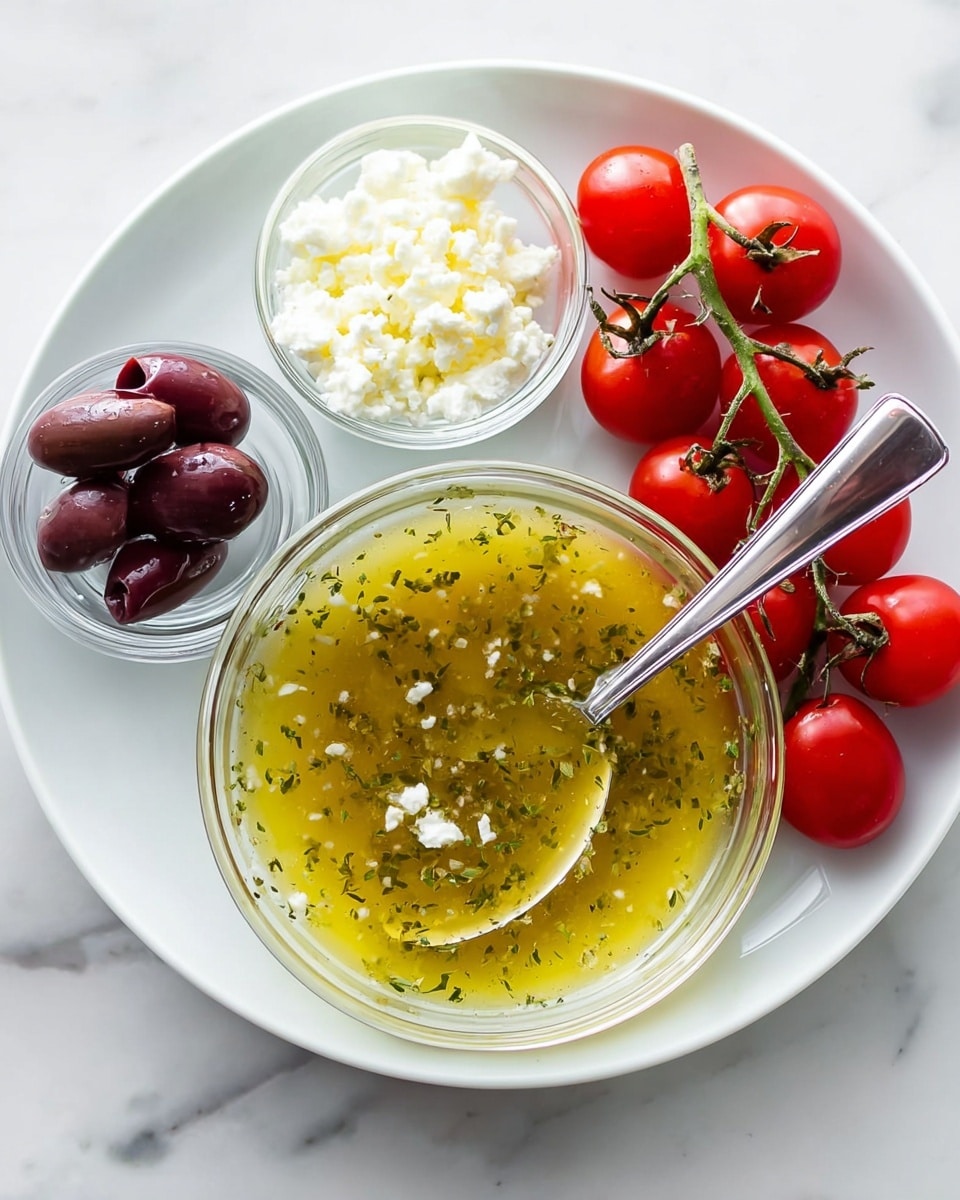 The image shows a white plate with four main parts: a clear glass bowl in the center filled with a yellow-green dressing mixed with herbs and a silver spoon resting inside it, a bunch of bright red cherry tomatoes on the vine placed near the top right of the plate, a clear glass bowl containing white crumbled cheese near the top left, and a smaller clear glass bowl with sliced dark purple olives at the bottom left. The plate sits on a white marbled surface. photo taken with an iphone --ar 4:5 --v 7