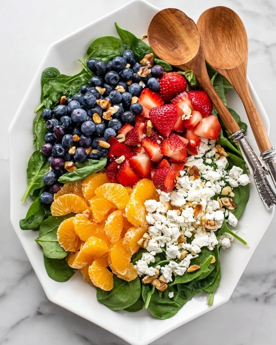 The image shows a salad on a white octagonal plate placed on a white marbled surface. The base layer is fresh green spinach leaves spread evenly across the plate. On top, there are four distinct sections: dark blue blueberries clustered on the top left, bright red sliced strawberries on the bottom left, bright orange mandarin segments on the bottom right, and crumbled white feta cheese scattered primarily in the middle and over the mandarin and spinach. There are also small toasted nuts sprinkled throughout the salad. Two wooden serving spoons with metal handles rest on the top right side of the plate. photo taken with an iphone --ar 4:5 --v 7