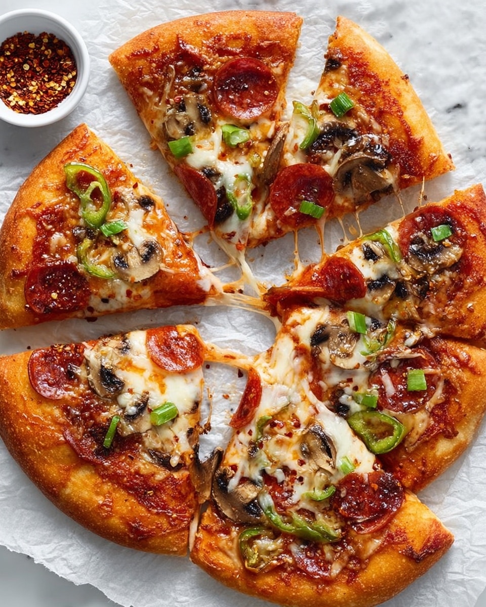 A round pizza with a golden-brown crust is sliced into multiple pieces, each topped with layers starting from a reddish tomato sauce base, followed by melted white and golden cheese with stretchy texture, scattered with green bell pepper chunks, circular dark red pepperoni slices, and brown mushroom pieces. The pizza rests on white parchment paper atop a white marbled surface. Near the top left, a small white bowl holds red chili flakes. The cheese is melted and bubbly, and one slice is pulled slightly away from another, showing stretchiness. photo taken with an iphone --ar 4:5 --v 7