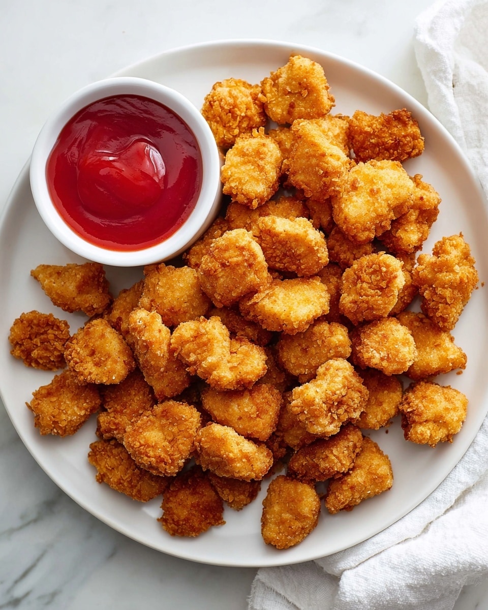 A white plate filled with many small, golden-brown crispy chicken nuggets with a rough texture. On the left side of the plate, there is a small white bowl filled with smooth, bright red dipping sauce. The plate sits on a white marbled surface with a white cloth partially visible at the top right corner. photo taken with an iphone --ar 4:5 --v 7