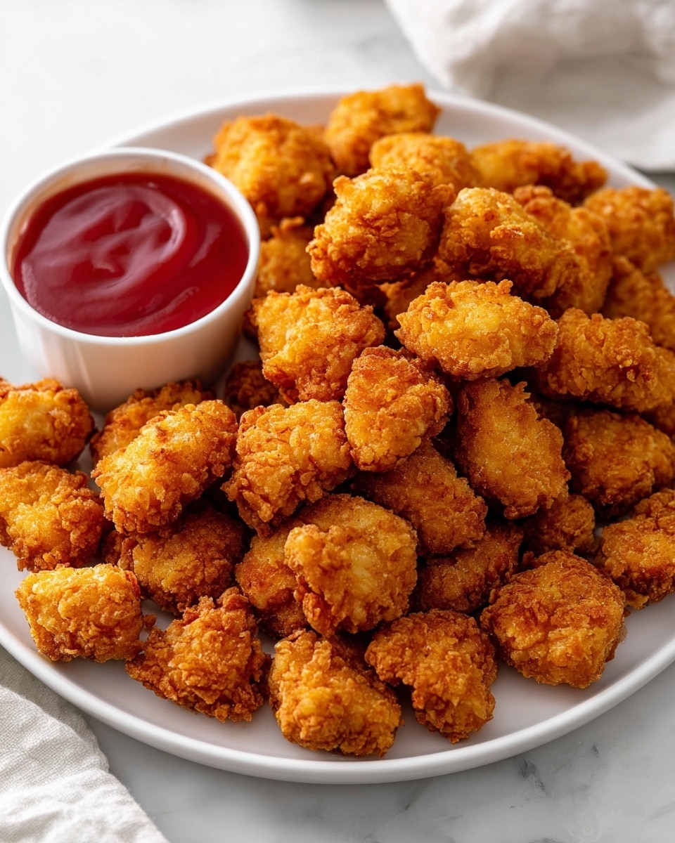 A white plate filled with many small, crispy golden-brown popcorn chicken pieces, each with a rough, crunchy texture. On the left side of the plate sits a small white bowl filled with smooth, bright red dipping sauce, creating a strong color contrast with the chicken. The plate is set on a white marbled surface, and a soft white cloth can be seen blurred in the background. photo taken with an iphone --ar 4:5 --v 7
