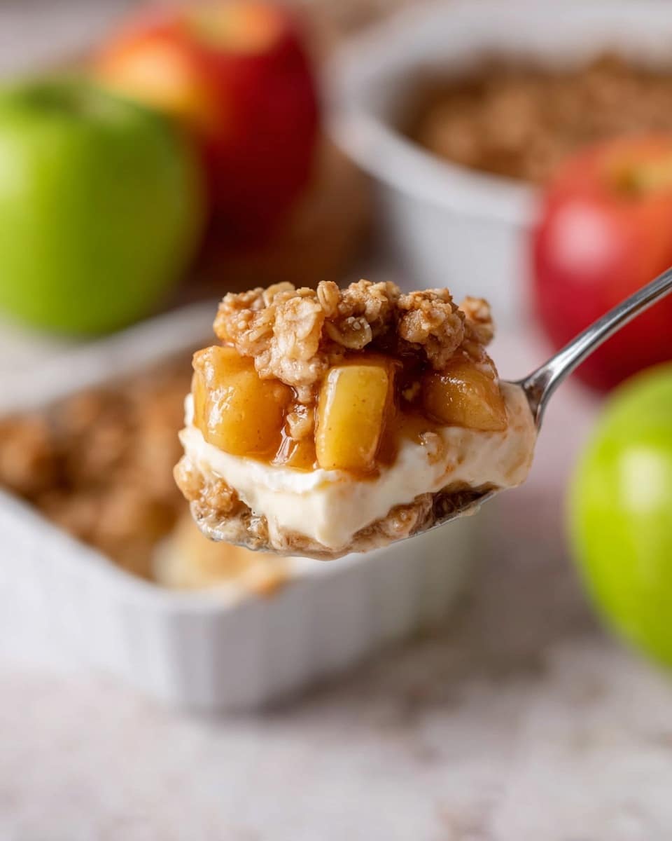 A close-up of a spoon holding a layered dessert with three visible layers: the bottom layer is white and creamy, the middle layer consists of warm, soft orange apple chunks, and the top layer is a golden brown crumbly oat topping. In the blurry background, there is a white dish containing more of the dessert. The setting includes a white marbled texture surface and two apples, one green and one red, adding natural color to the scene. Photo taken with an iphone --ar 4:5 --v 7