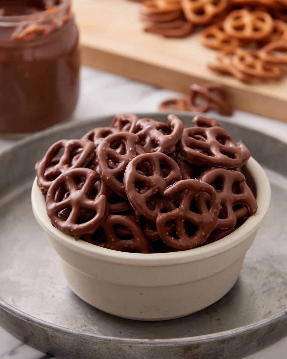 This image shows a small pile of chocolate-covered pretzels placed partially inside a white bowl and partly on a round metal surface with a white marbled background. Each pretzel is coated in smooth milk chocolate and topped with colorful sprinkles in red, green, and white colors, with the white sprinkles shaped like snowflakes. The pretzels have a thick, glossy chocolate layer that covers every twist, creating a rich texture. One pretzel lies flat on the white marbled surface, showing the colorful toppings clearly while the rest sit inside the bowl. Photo taken with an iphone --ar 4:5 --v 7