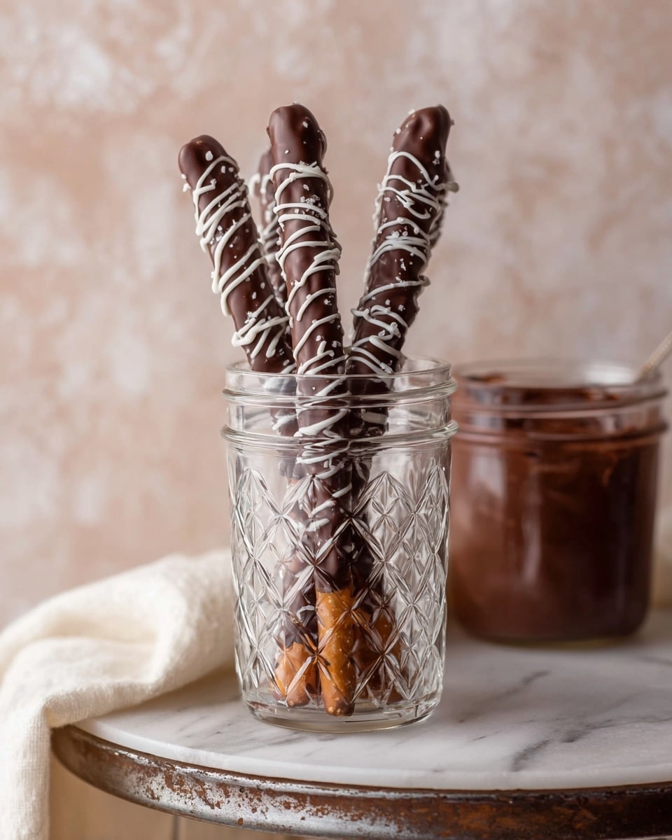 The image shows a clear glass jar with a diamond pattern, holding three chocolate-covered pretzel sticks standing upright. Each pretzel stick is coated in dark chocolate and decorated with a white chocolate drizzle spiraling down from top to bottom. The bottom part of each pretzel is visible, showing the natural light brown color. Behind the jar, a glass container filled with rich, smooth dark chocolate is partially visible. The jar is placed on a round, slightly worn, metal surface, set against a soft pink-beige background with a white marbled texture. photo taken with an iphone --ar 4:5 --v 7