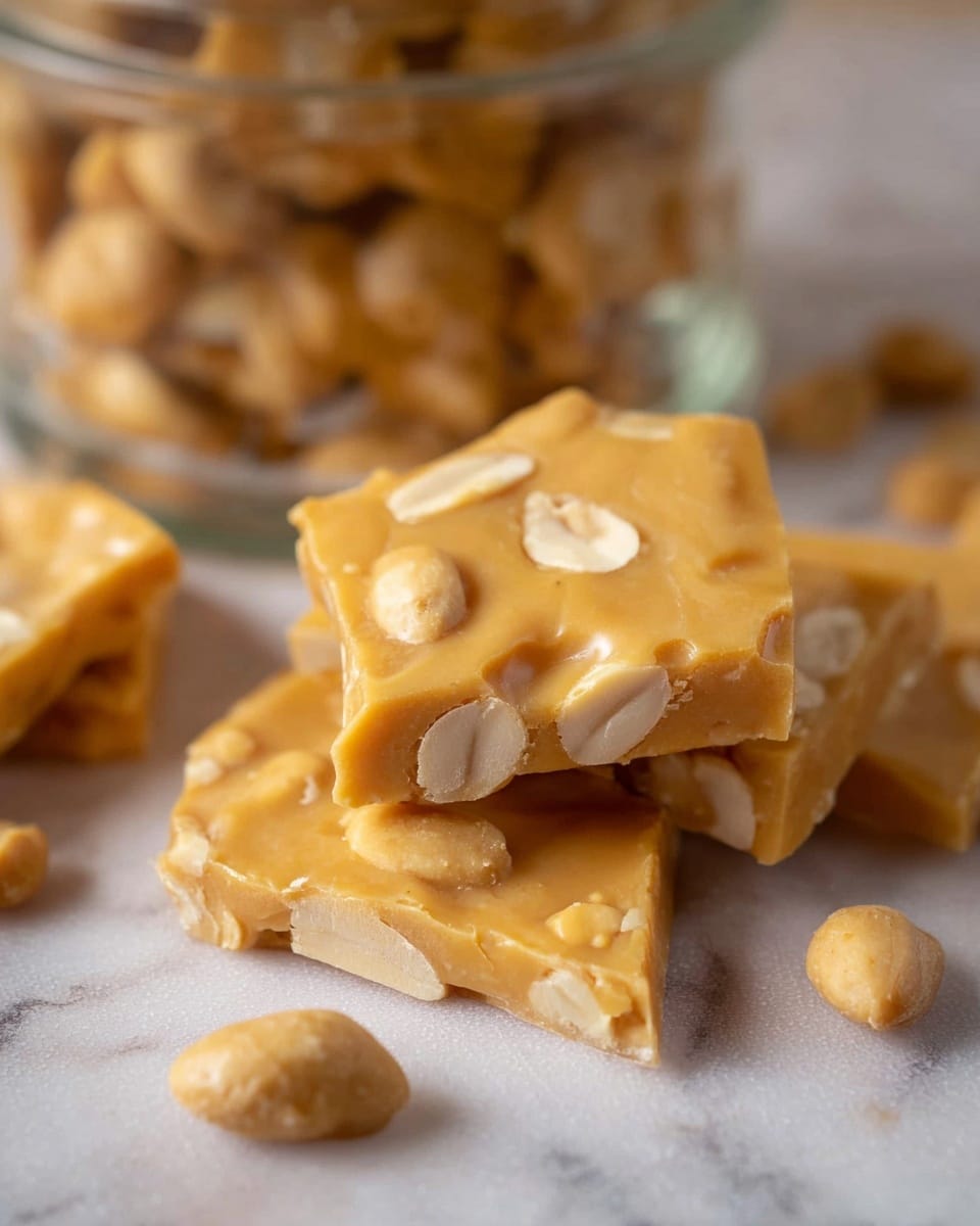 The image shows several pieces of light golden yellow peanut brittle with a smooth, slightly glossy surface and visible whole peanuts embedded inside. The brittle is cut into irregular square and rectangular shapes, with the peanuts creating uneven texture throughout. Some pieces lie flat on the white marbled surface, while a few whole peanuts are scattered nearby. In the background, a glass jar filled with more peanut brittle pieces is slightly blurred, giving depth to the image. The photo focuses closely on the brittle pieces in the foreground, showing the contrast between the smooth candy and the rough peanuts. Photo taken with an iphone --ar 4:5 --v 7