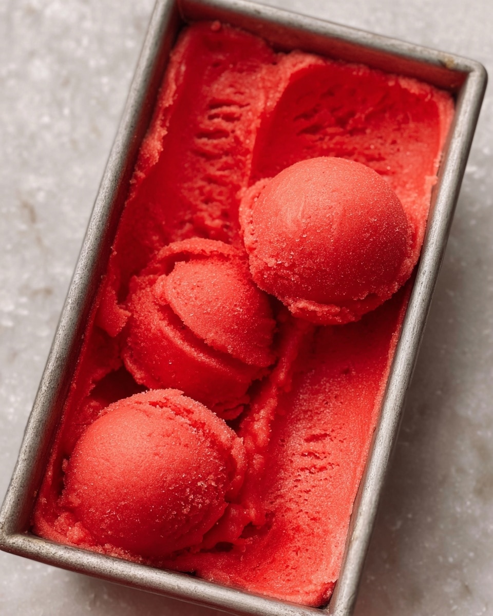 A metal loaf pan filled with bright red sorbet, with three round scoops of sorbet placed on top near one side. The sorbet has a smooth but slightly textured surface, showing some small ice crystals and soft ridges from scooping. The background is a white marbled texture. photo taken with an iphone --ar 4:5 --v 7