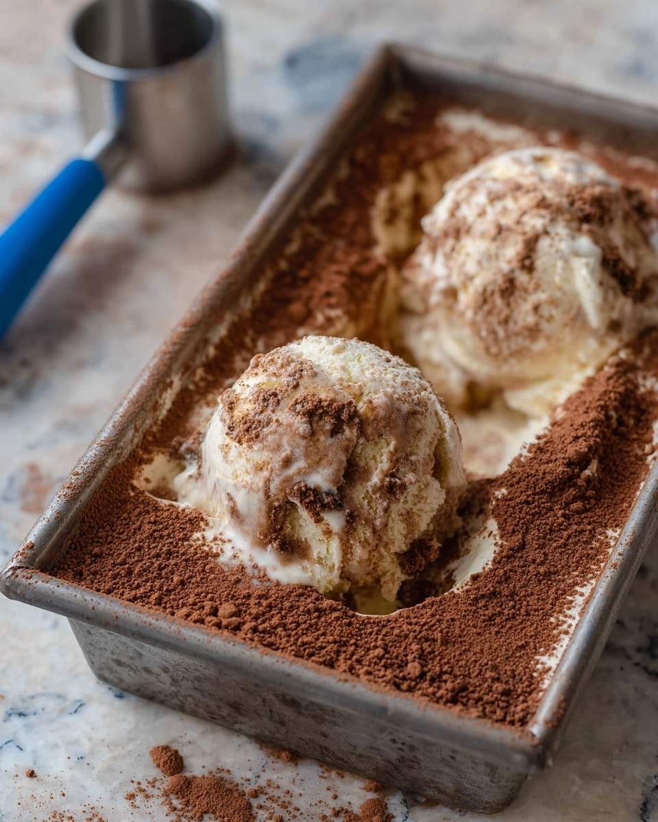Two scoops of creamy tiramisu ice cream sit in a rectangular metal container, on a base covered with a thick layer of cocoa powder. The ice cream is a mix of white cream and light brown coffee-soaked cake crumbs. The texture looks soft and melting at the edges where the scoops meet the cocoa-covered base. In the background, a blurred silver cup and a blue-handled utensil rest on a surface with a white marbled texture. photo taken with an iphone --ar 4:5 --v 7