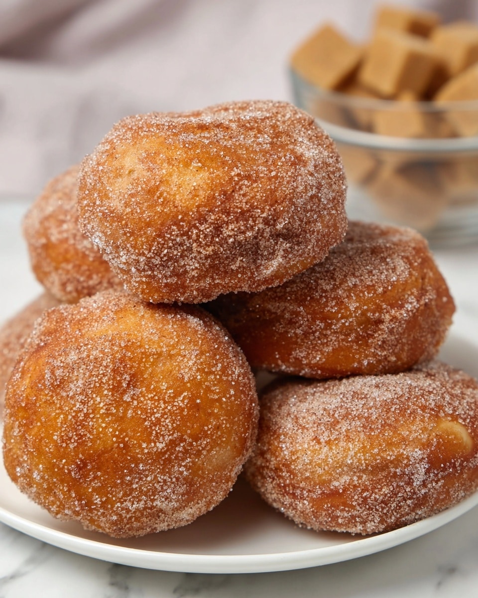 A close-up of five round, golden-brown doughnuts covered in a sugar and cinnamon coating, giving them a rough, sparkling texture; they are stacked in a pile on a white plate, with the doughnuts showing slight cracks and a soft, puffy look. In the background, there is a glass bowl with light brown sugar cubes stacked inside, all set on a white marbled surface. photo taken with an iphone --ar 4:5 --v 7