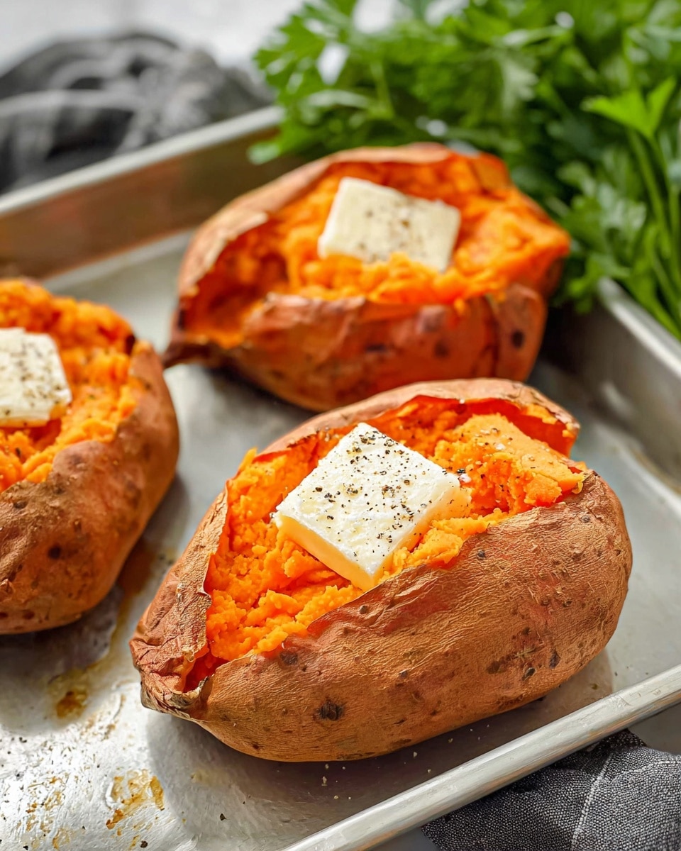 Three baked sweet potatoes with rough orange skins sit on a silver baking tray. Each sweet potato is split open to reveal a soft, mashed bright orange inside. On top of each mash, there is a square piece of melting white butter, sprinkled with small black pepper bits. The baking tray sits on a white marbled surface, and there is green leafy parsley and a gray cloth slightly blurred in the background. photo taken with an iphone --ar 4:5 --v 7