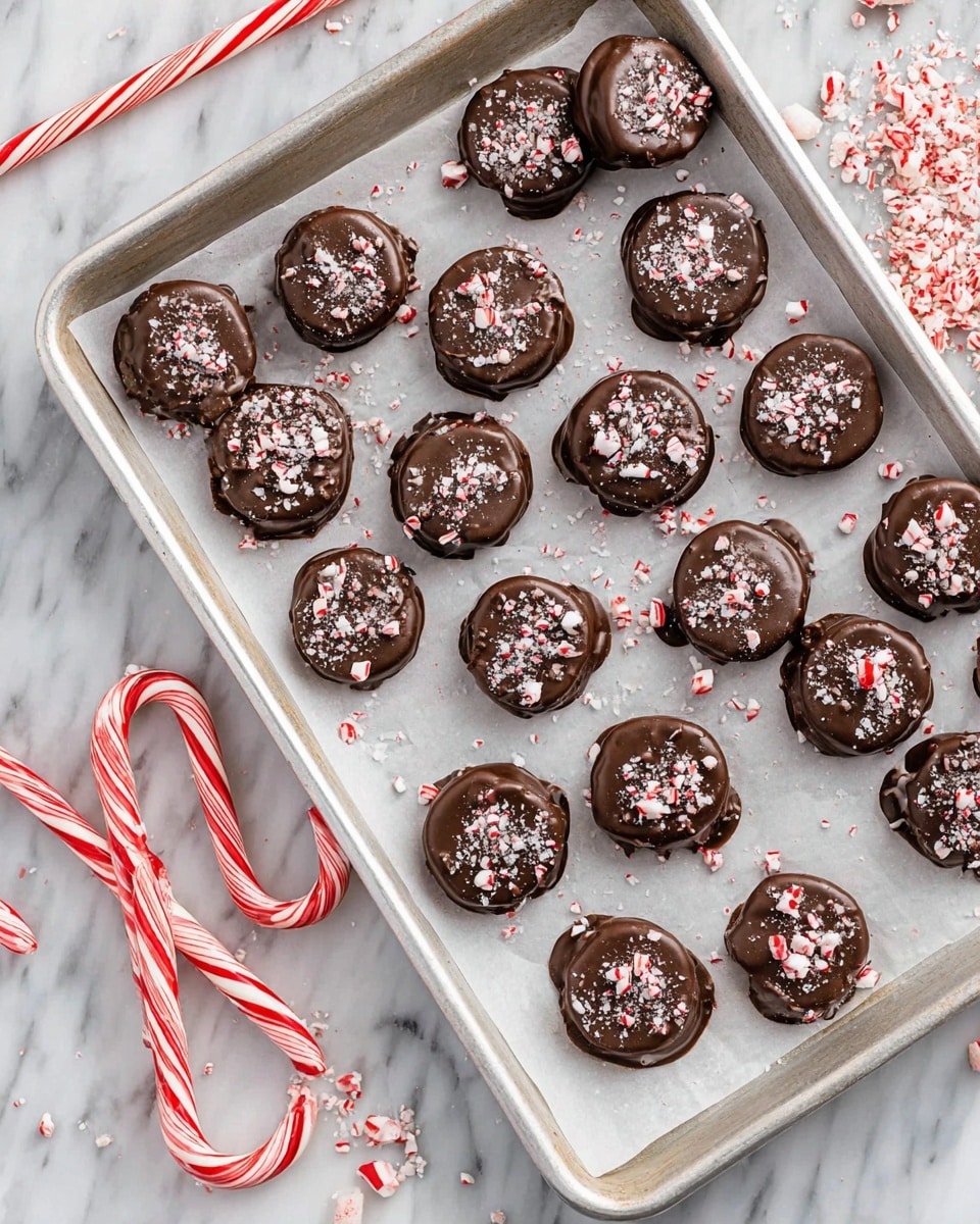 The image shows a metal baking tray lined with white parchment paper, filled with round chocolate-covered treats arranged in rows. Each treat is coated smoothly with a shiny dark brown chocolate layer and topped with crushed white and red peppermint pieces that add a crunchy texture and a festive look. Around the tray, there are several whole candy canes scattered on a white marbled surface, adding a bright red and white contrast. Photo taken with an iphone --ar 4:5 --v 7