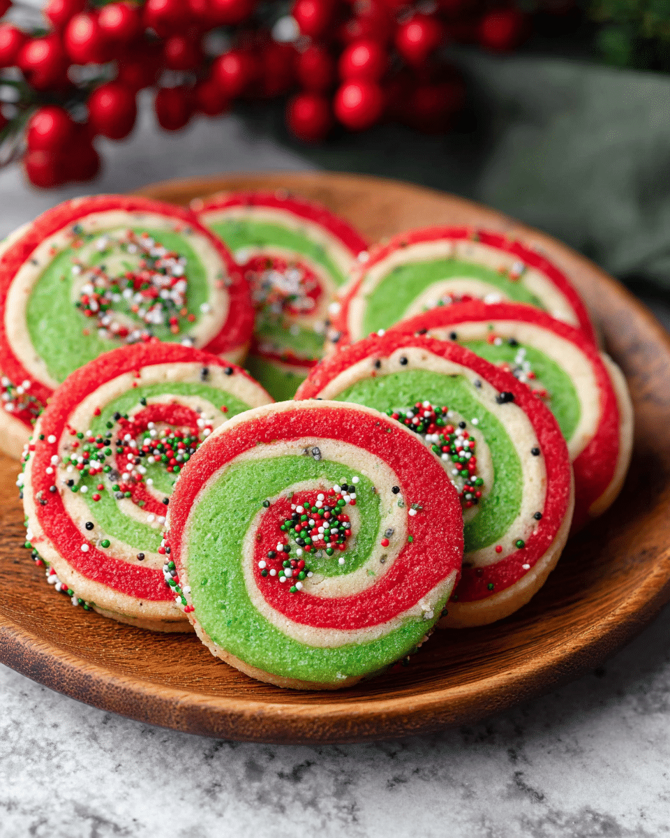 A stack of seven round swirl cookies is shown, each cookie having two visible colored layers in a spiral pattern—red and light green. The edge of each cookie is thickly covered with small round sprinkles in red, green, white, and black, giving a textured and festive feel. The cookies are stacked neatly on a dark surface with scattered sprinkles around them, and some blurred cookies appear in the background along with red berries and green pine leaves. The overall look emphasizes the bright colors of the cookies and the holiday theme. Photo taken with an iphone --ar 4:5 --v 7