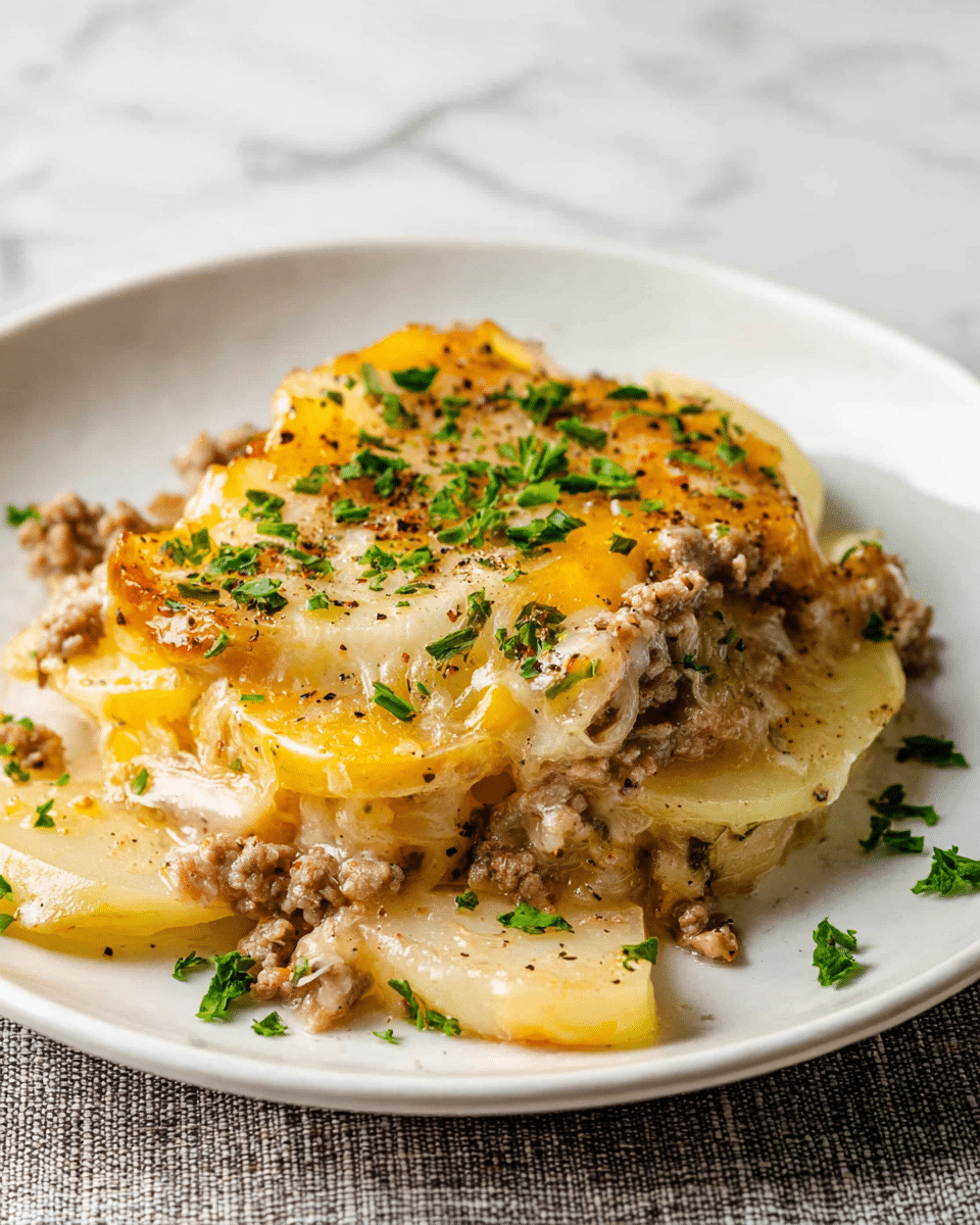 This dish has three main layers on a white plate set on a white marbled texture. The bottom layer consists of sliced potatoes that are pale and soft-looking with a slight gloss. The middle layer is ground meat with a light brown color, mixed evenly across the potatoes. The top layer shows melted cheese in rich yellow and white shades, covering parts of the meat and potatoes. Small pieces of green herbs are sprinkled on the top, adding fresh green spots along with black pepper specks. The dish looks warm and creamy with a mix of soft textures. Photo taken with an iphone --ar 4:5 --v 7