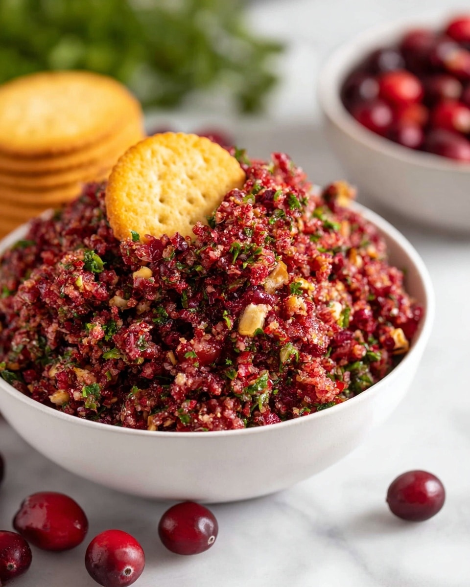 A white bowl is filled with a coarse, red and green mixture that looks like finely chopped cranberries, herbs, and nuts, creating a textured, colorful salad. On top of the mound is one round, pale yellow cracker partially embedded in the mix. Around the bowl, there are whole cranberries scattered on a white marbled surface, with some green herbs blurred in the background. A second bowl in the distance holds stacked pale yellow crackers. The focus is sharp on the mixture, showing the small, vibrant bits of red, green, and bits of white nuts. photo taken with an iphone --ar 4:5 --v 7