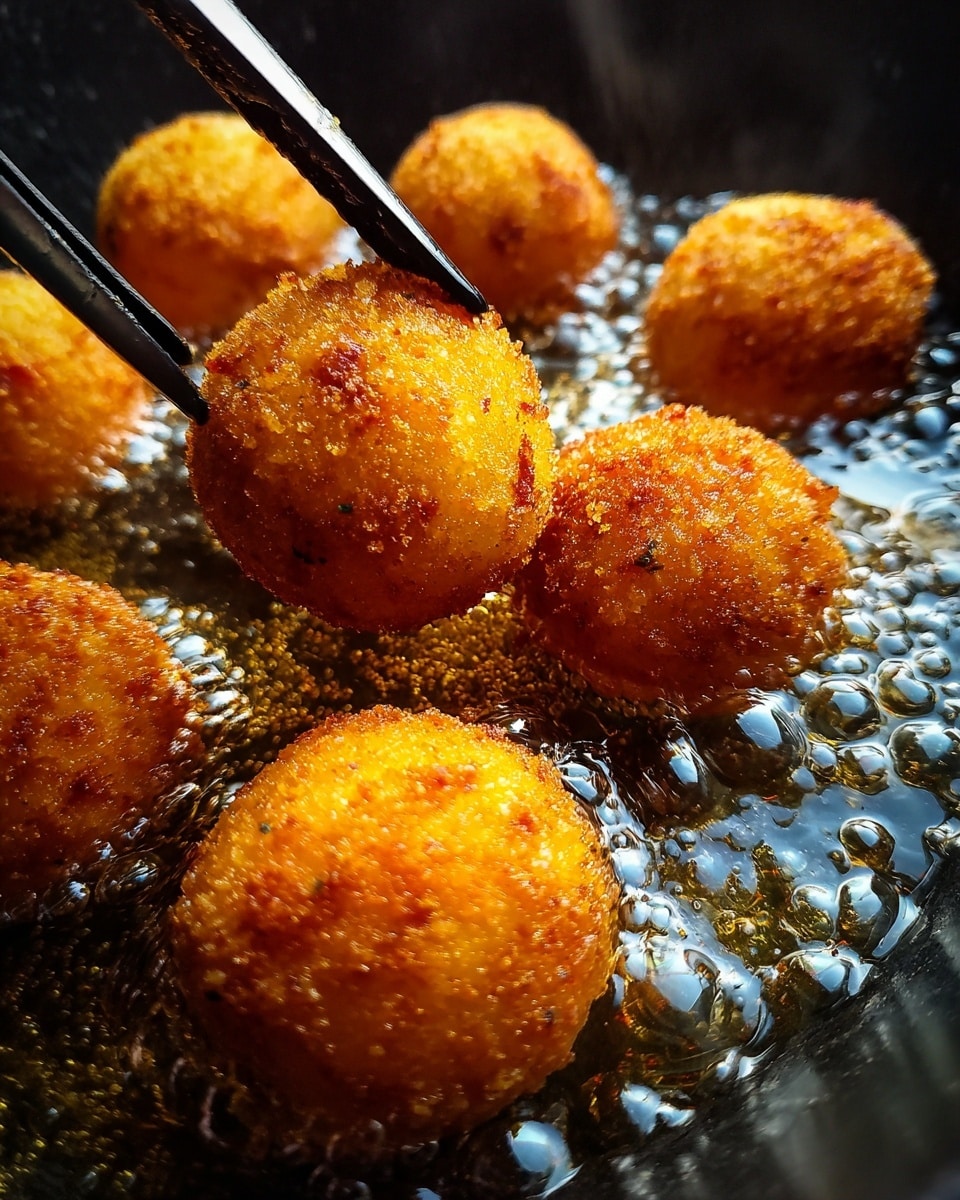 The image shows a close-up of a single golden-brown fried ball held by black tongs above several similar balls frying in hot oil inside a dark pan. Each ball has a rough, crispy texture with small, crunchy crumbs all over its surface. The frying oil bubbles actively around the balls, giving a shiny, oily look to the background. Photo taken with an iphone --ar 4:5 --v 7