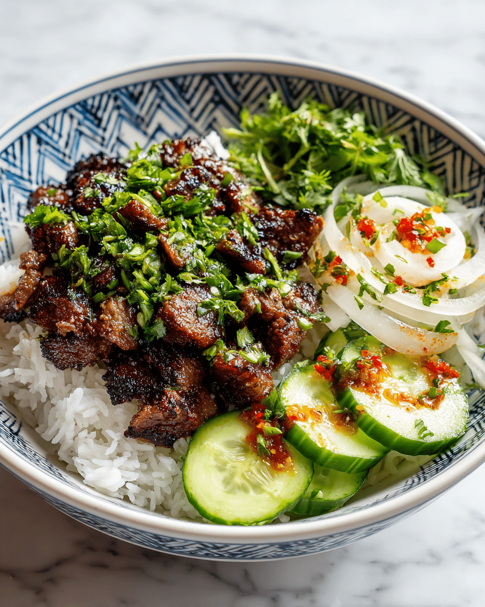 A white bowl with a blue geometric pattern holds a layered dish starting with a base of white rice at the bottom left. On top of the rice is a generous pile of grilled, dark brown meat with crispy edges, covered with freshly chopped green herbs. To the right side, thinly sliced light green cucumbers and translucent white onion rings are arranged neatly, drizzled with a reddish sauce and sprinkled with small green herbs. The bowl sits on a white marbled surface. photo taken with an iphone --ar 4:5 --v 7