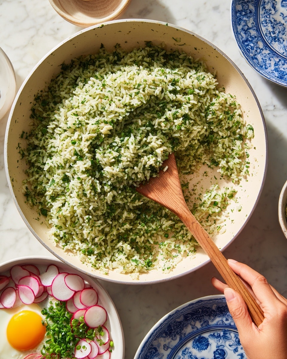 A close-up of a large white pan filled with a single layer of green herb rice, showing small grains mixed evenly with finely chopped green herbs giving it a speckled texture. A woman's hand is holding a wooden spatula, stirring the rice gently from the center, creating a small mound in the middle. Around the pan, there is a white bowl with sliced radishes and green herbs, a sunny side up egg on a white marbled surface, and a blue patterned plate slightly visible. Photo taken with an iphone --ar 4:5 --v 7