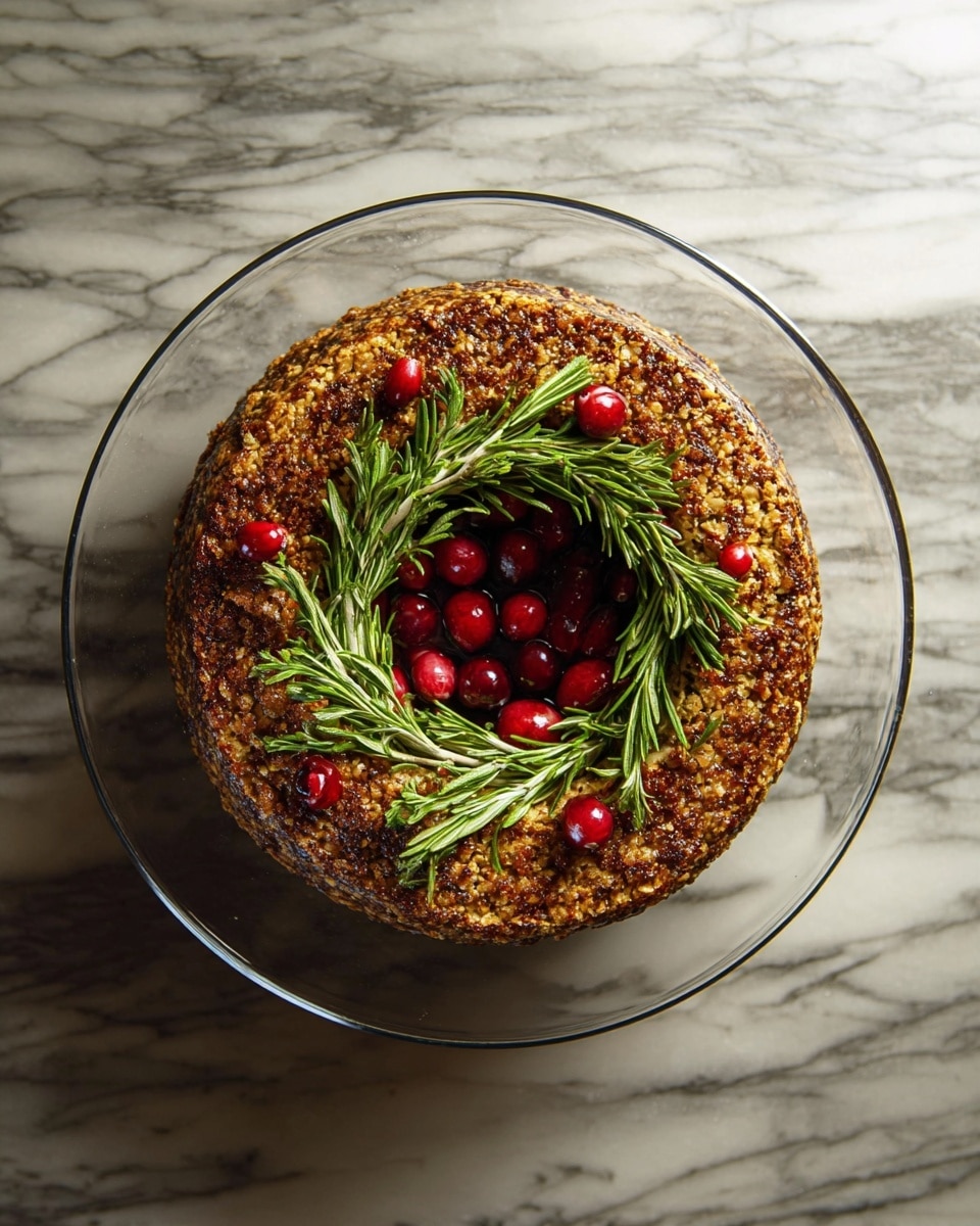 A close-up view of a thick, round wreath-shaped dish with a rough, crunchy texture made of mixed cooked ingredients in warm brown and orange tones, set on a clear glass plate. The dish is decorated on top with fresh green rosemary sprigs arranged in a circular pattern, each sprig topped with a shiny red cherry-like garnish. The background is softly blurred with a warm tone, and the whole scene is presented on a white marbled texture. Photo taken with an iphone --ar 4:5 --v 7
