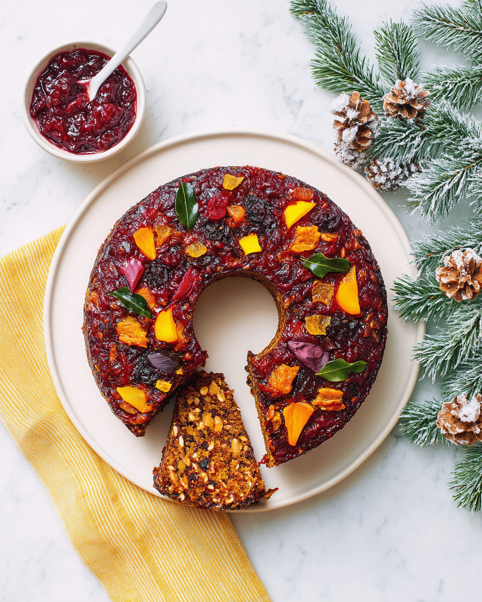 A round fruitcake with a hole in the middle sits on a white plate, topped with bright orange, yellow, and purple dried fruit pieces, along with green leaves scattered over a glossy, dark red fruit glaze. One slice is cut out, showing a dense, textured inside filled with nuts and fruit bits in warm brown and orange tones. Next to the plate, a small white bowl contains a chunky, deep red berry sauce with a white spoon inside. A green pine branch with frosted pinecones lies at the edge of the frame on a white marbled surface, and a folded yellow and white striped cloth is placed nearby. Photo taken with an iphone --ar 4:5 --v 7