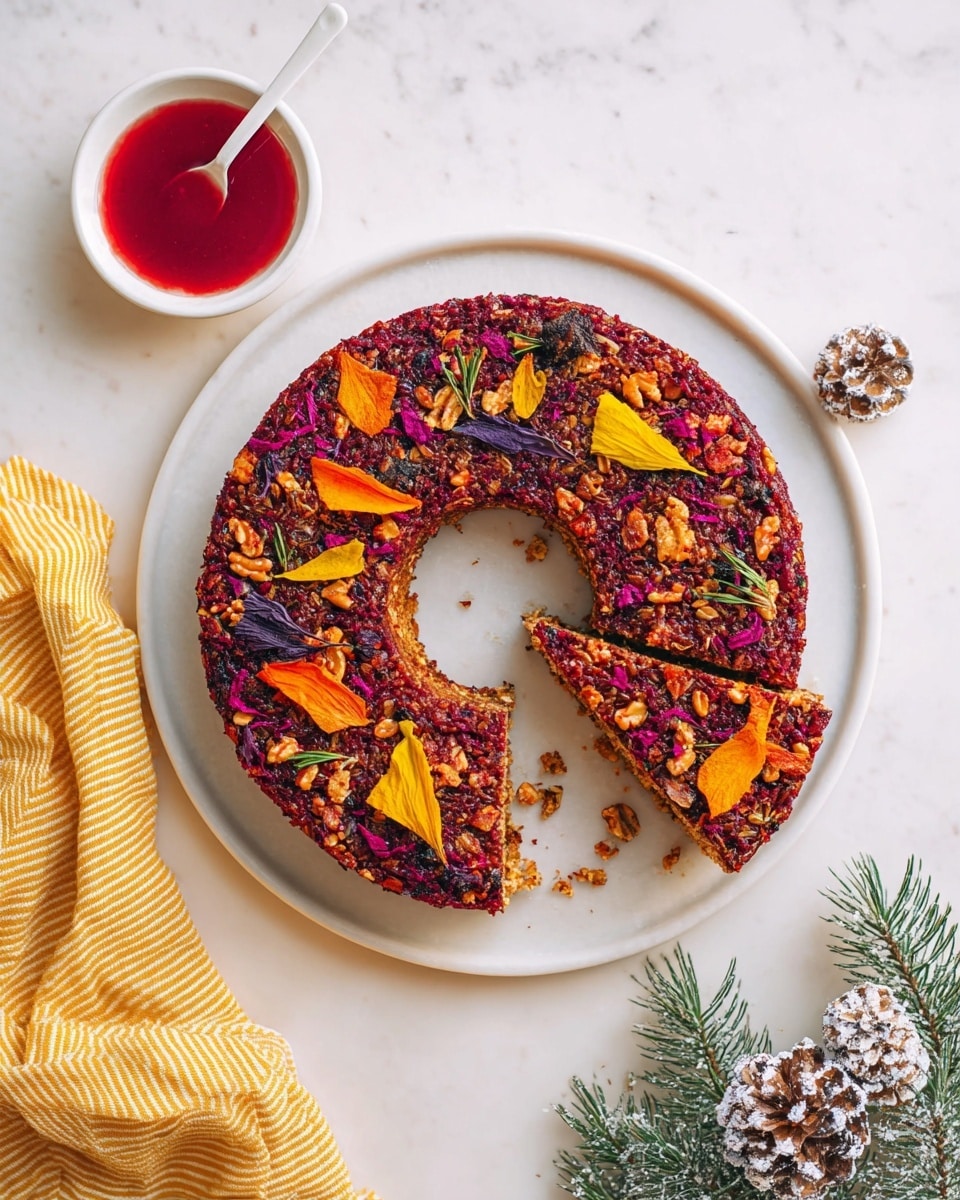 A round ring-shaped cake with a rough texture and deep red color, topped with colorful dried leaves and chips in orange, purple, yellow, and green scattered evenly on the surface. One slice is cut out showing the inside, which is a dense orange-brown mixture with visible oats and nuts. A small white bowl filled with bright red sauce and a white spoon is placed near the top right. The cake sits on a smooth white plate, all on a white marbled surface. A yellow-striped cloth is folded and placed on the bottom left, and a pine branch with cones dusted lightly with white powder lies on the bottom right. Photo taken with an iphone --ar 4:5 --v 7