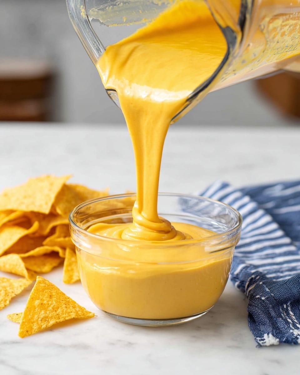 The image shows a clear glass bowl placed on a white marbled surface. A thick, smooth, bright yellow sauce is being poured in a spiral shape from a clear blender jar into the bowl below. To the left, there are several golden-yellow, triangular tortilla chips scattered on the marble surface. Next to the bowl on the right, a folded blue and white striped cloth napkin lies flat. The background is softly blurred, emphasizing the pouring motion and the bowl's contents. photo taken with an iphone --ar 4:5 --v 7