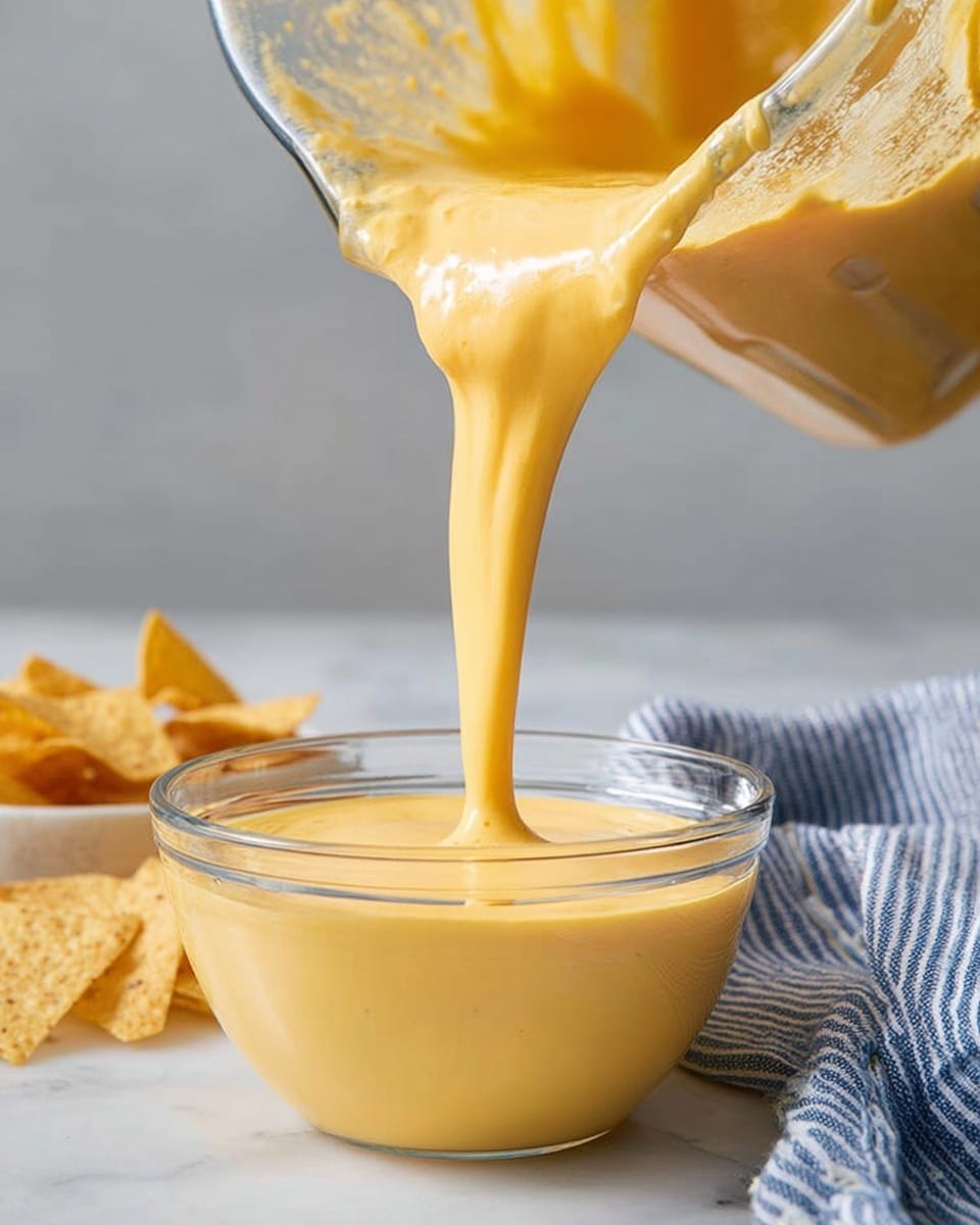 A clear glass bowl is filled halfway with smooth, thick, golden-yellow cheese sauce, with more of the sauce pouring into it from a clear blender jar held at an angle above it, creating a flowing, creamy stream. The cheese sauce has a shiny, velvety texture with a warm yellow color. To the left of the bowl, several crispy, triangular tortilla chips are slightly visible, and to the right, part of a blue and white striped cloth is placed. All items rest on a white marbled surface with a soft focus neutral background. Photo taken with an iphone --ar 4:5 --v 7
