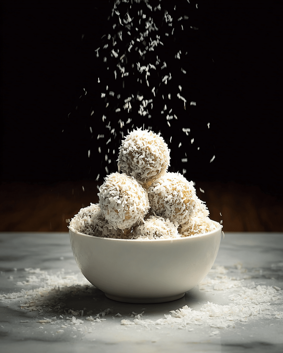 A white bowl is filled with round dessert balls, each covered in white shredded coconut. The balls are stacked in a pyramid shape with about two visible layers. More shredded coconut is falling from above, sprinkling the dessert and scattering on the white marbled surface below. The background is dark, making the white bowl and coconut stand out. Photo taken with an iphone --ar 4:5 --v 7