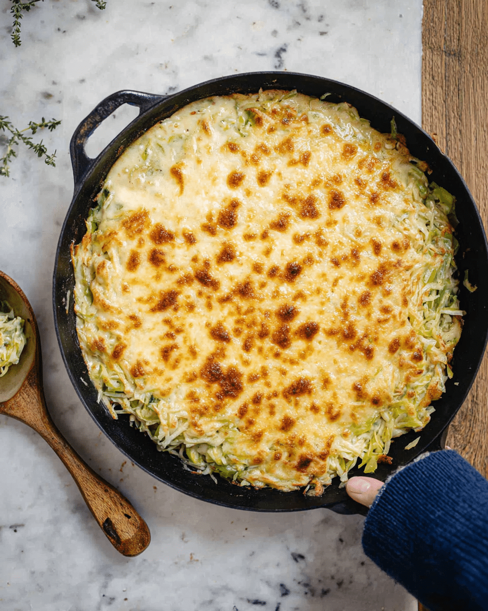 A round skillet filled with a baked dish, showing a top layer of melted, golden-brown cheese sprinkled unevenly with small browned spots, covering a thick, creamy layer beneath with shredded light green vegetables mixed in. The skillet is black with one side partially covered by a woman's hand wearing a dark blue sleeve, holding the handle. Next to the skillet, there is a large spoon with a wooden handle resting on a white marbled surface. Photo taken with an iphone --ar 4:5 --v 7