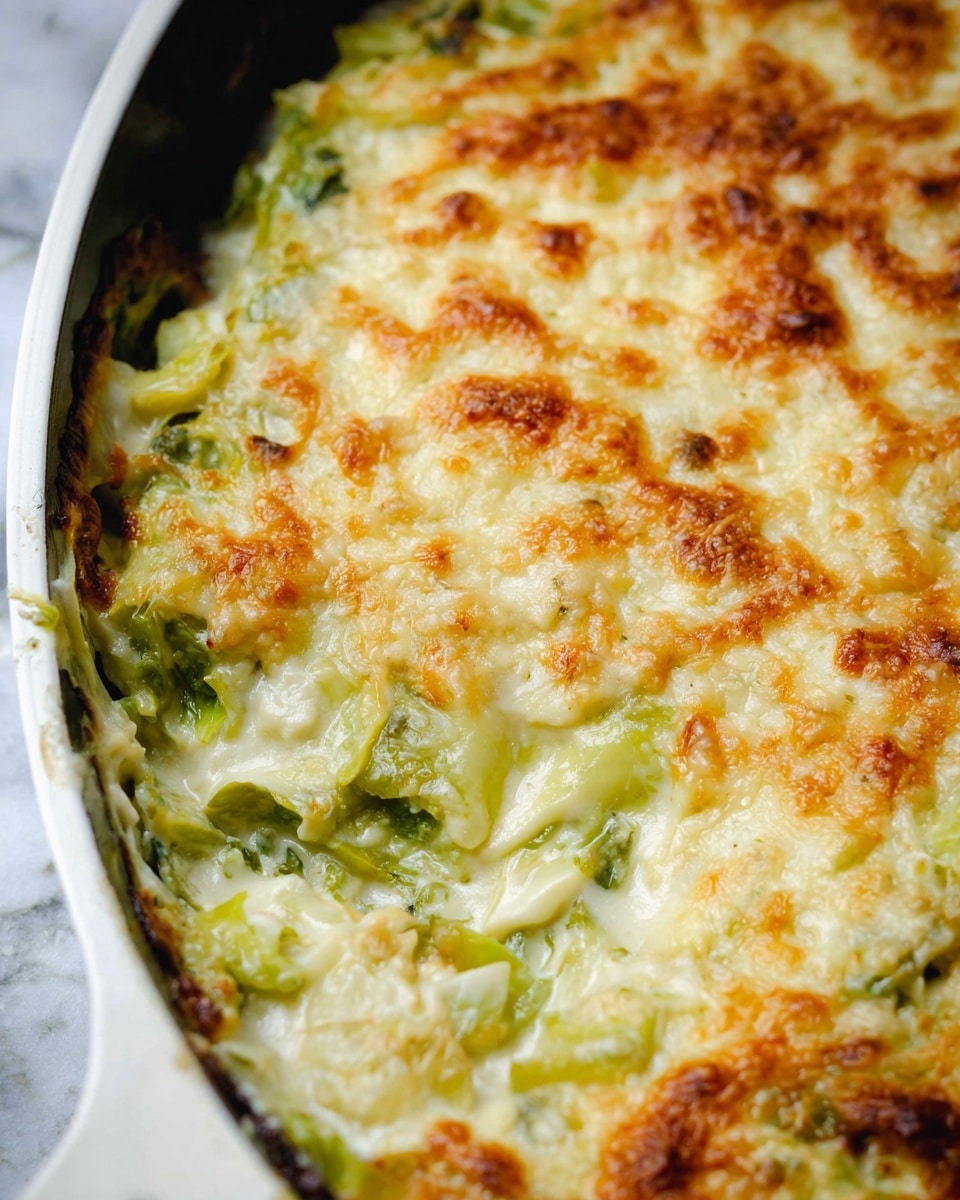A close-up of a creamy baked dish in a white pan, showing at least two layers: the top layer is golden-brown with melted cheese that forms a crispy texture, while underneath there is a creamy white sauce mixed with light green vegetable pieces, possibly cabbage or leeks, that add soft, leafy textures. The overall look is rich and cheesy with bubbling cream visible between the layers. The background shows a white marbled texture. photo taken with an iphone --ar 4:5 --v 7