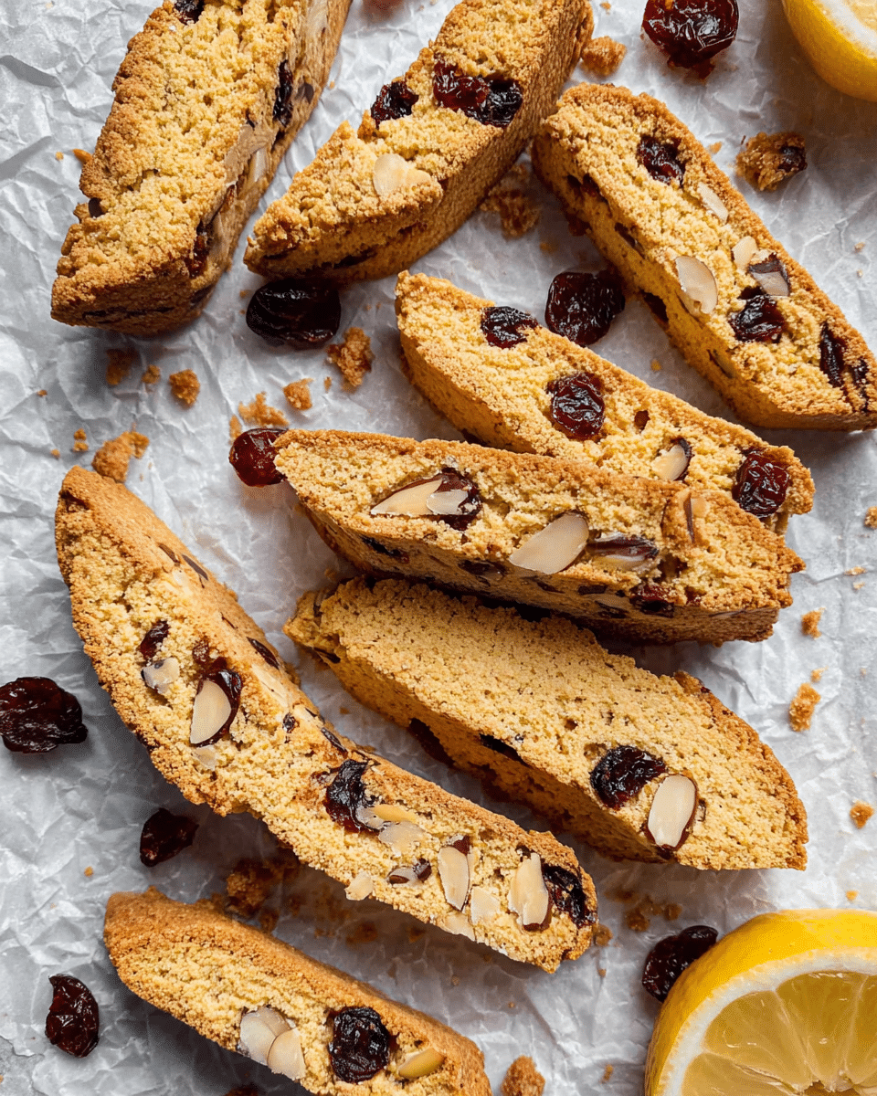 The image shows several light brown biscotti cookies scattered on crumpled white parchment paper, placed on a white marbled surface. Each biscotti has a rough, crunchy texture with visible whole almonds embedded inside and dark red dried cranberries spread throughout. There are some crumbs around the cookies, adding to the rustic look. At the bottom right corner, half of a bright yellow lemon is partially visible, adding a pop of color to the scene. Photo taken with an iphone --ar 4:5 --v 7
