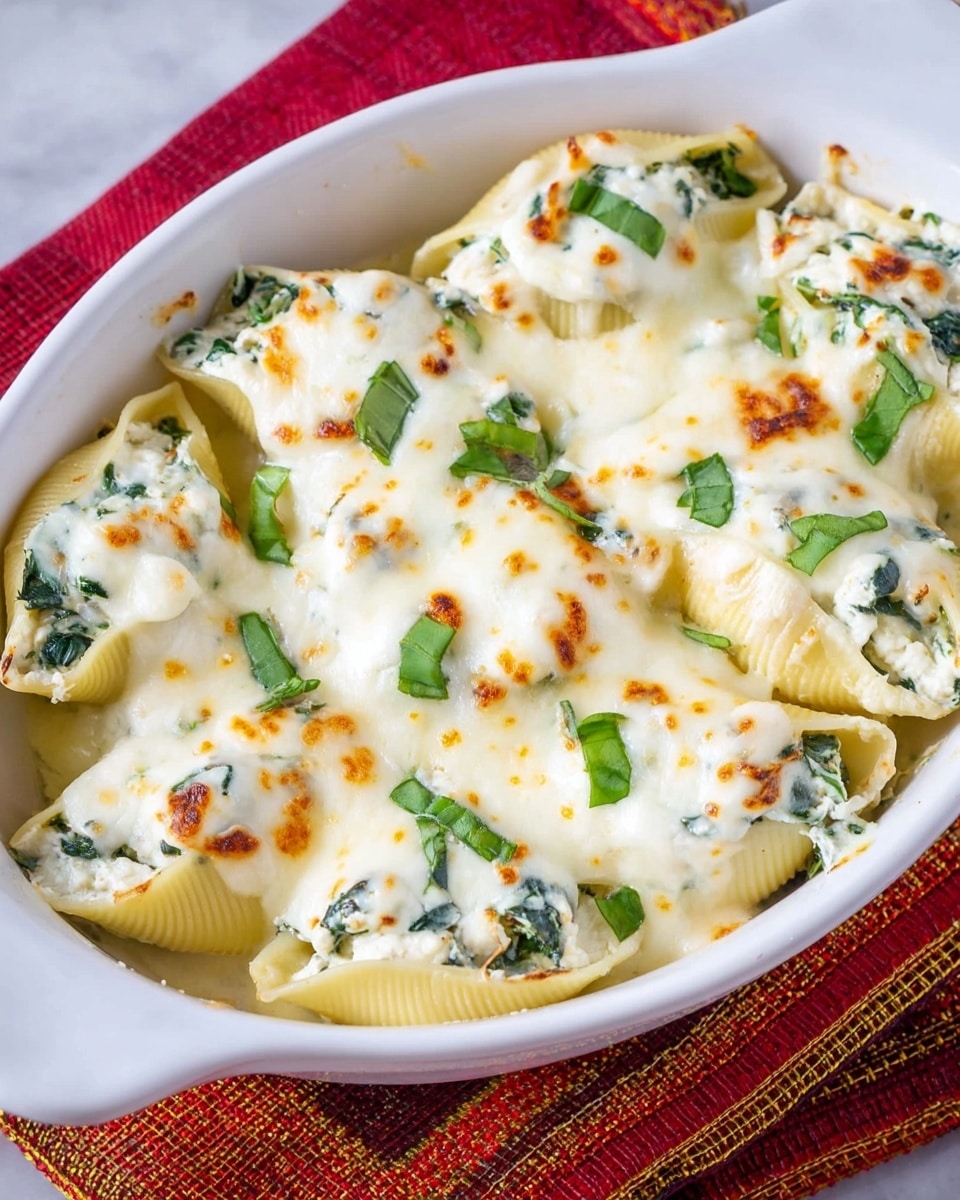 A white oval dish filled with large pasta shells stuffed with a creamy white cheese and spinach mixture, each shell topped with a thick layer of melted white cheese that is golden brown in spots. Bright green chopped spinach pieces are scattered on top, adding a fresh contrast. The dish is set on a white marbled surface with a red and gold textured cloth underneath. photo taken with an iphone --ar 4:5 --v 7