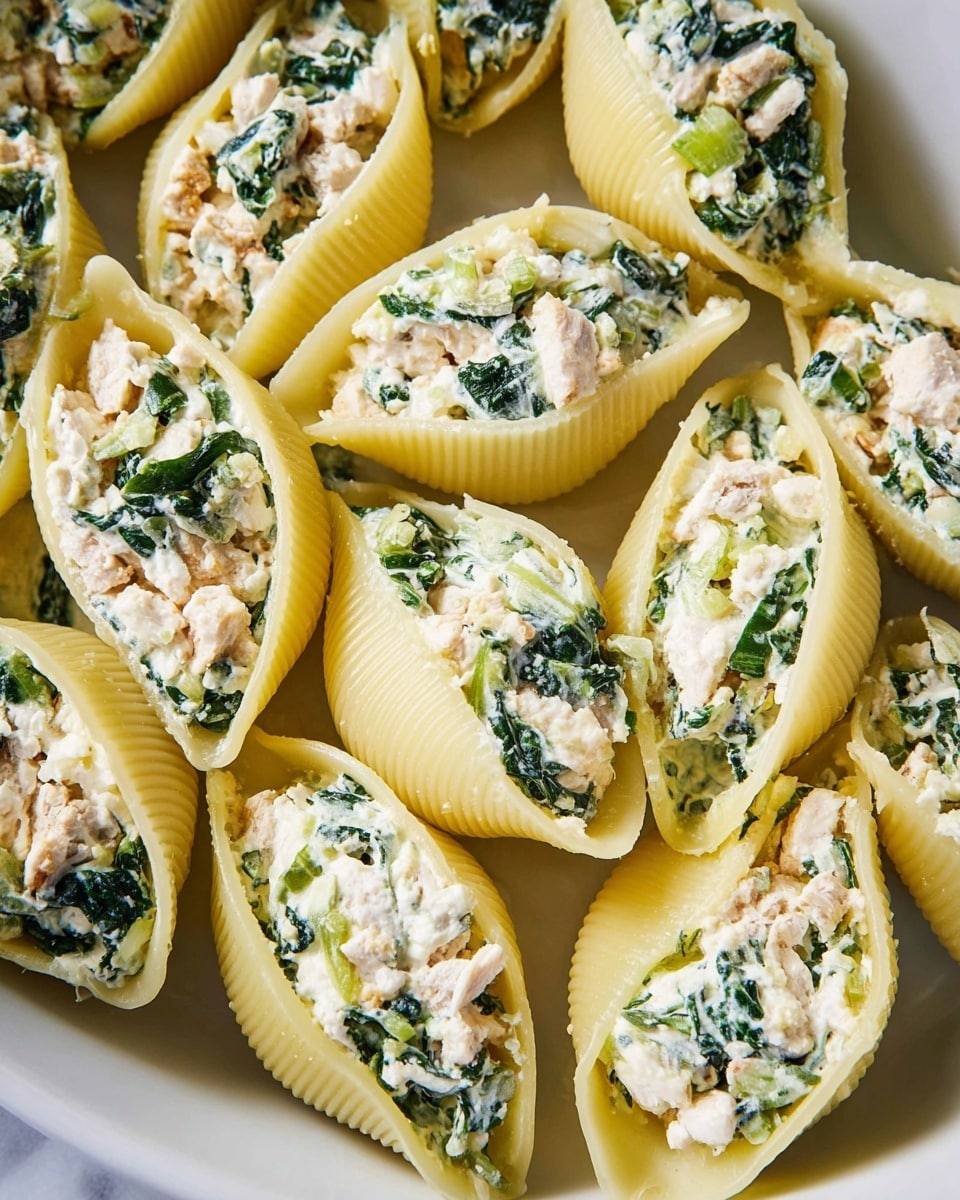 This image shows a close-up of a white dish filled with large pasta shells that are stuffed with a mix of creamy white cheese and green leafy vegetables, likely spinach. Each shell has a firm texture with light yellow ridged edges, filled tightly with a soft, crumbly white cheese mixed with chunks of green leaves and small pieces of what appears to be light-colored meat or tofu. The pasta shells are arranged closely together on a white marbled surface visible around the edges. Photo taken with an iphone --ar 4:5 --v 7
