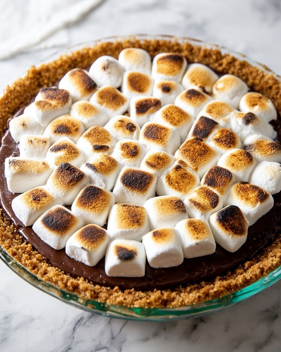 A dessert pie shown in a clear glass pie dish with a crumbly golden brown crust layer at the bottom and edges, topped with a thick dark brown chocolate filling. On top of the chocolate filling, there is one layer of large toasted marshmallows that are white with golden brown and darker toasted patches, arranged closely and evenly covering the surface. The pie is placed on a white marbled surface. photo taken with an iphone --ar 4:5 --v 7