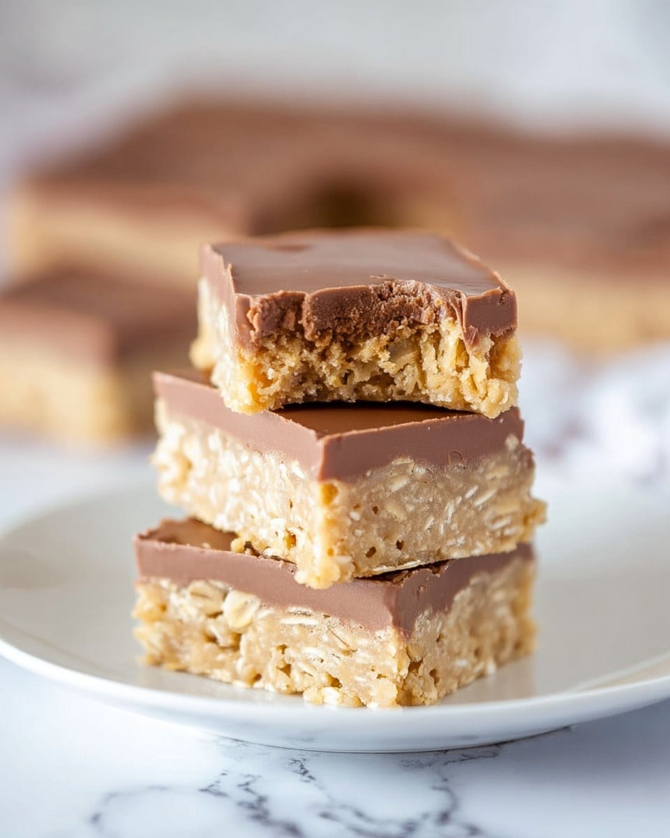 Three square dessert bars are stacked on a white plate, each bar showing two layers: a thick, light beige, crumbly bottom layer with visible oat pieces, and a smooth, medium brown top layer of what looks like chocolate. The top bar has a bite taken out, revealing the texture of the bottom layer more clearly. The background is softly blurred, with a white marbled surface subtly visible under the plate. photo taken with an iphone --ar 4:5 --v 7