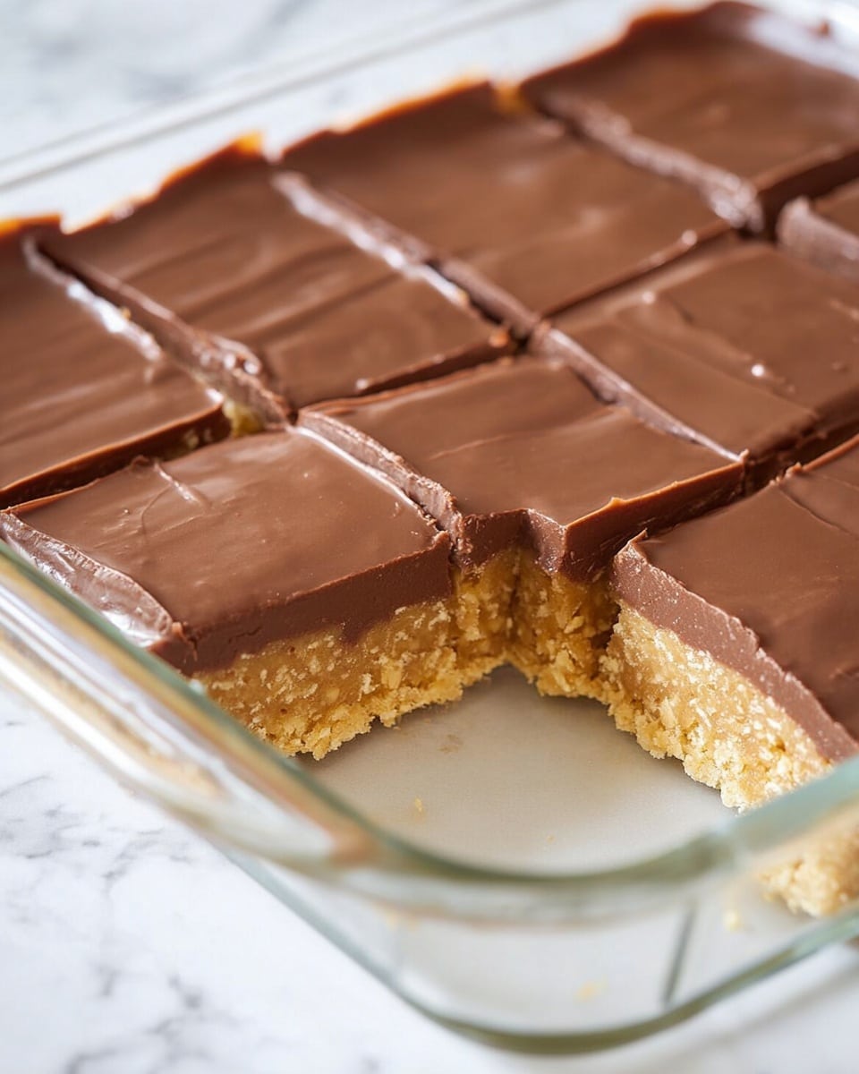 The image shows a dessert made of two layers, cut into square pieces in a clear glass dish with a white marbled surface underneath. The bottom layer is thick, rough-textured, and pale yellow, looking like a crumbly cookie or oat base. The top layer is smooth, thick, and glossy chocolate brown, covering the entire surface and forming clean, straight lines dividing the pieces. One square is missing, revealing the cross-section of the two layers. Photo taken with an iphone --ar 4:5 --v 7