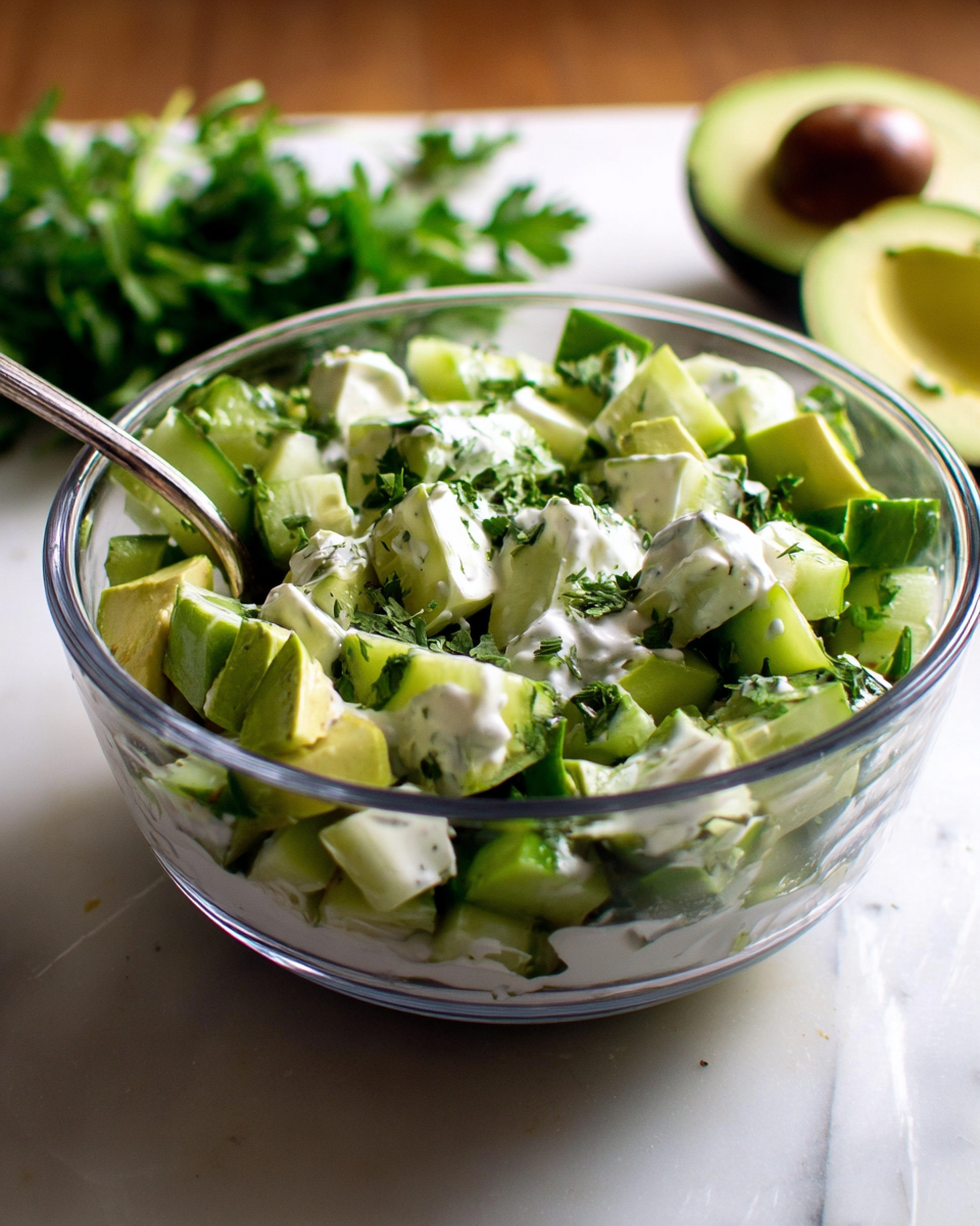 A clear glass bowl filled with a fresh salad made of two main layers: the bottom and middle layers consist of bright green chopped cucumber pieces with a crisp, slightly watery texture mixed with light green chunks of creamy avocado. On top, a layer of white creamy dressing is drizzled unevenly, accented with small dark green chopped herb leaves scattered across the salad. A silver spoon rests inside the bowl on the left side. The bowl is placed on a white marbled textured surface with some blurred green herbs and half an avocado with the seed removed visible in the background. Photo taken with an iphone --ar 4:5 --v 7