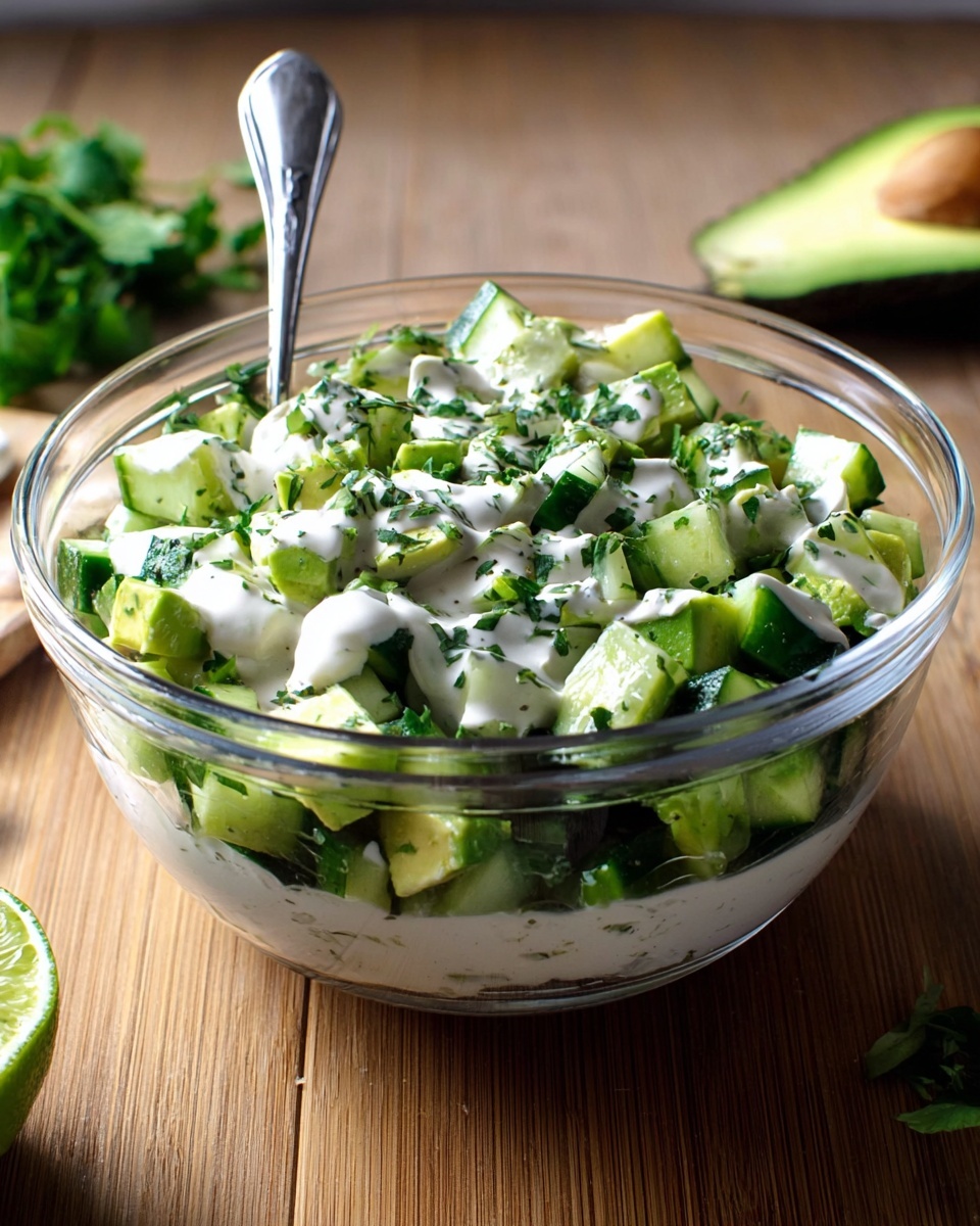 A clear glass bowl holds a fresh salad with two main layers: the bottom layer is a mix of bright green chopped avocado and cucumber pieces, both with a chunky texture, while the top layer is a drizzle of thick, creamy white dressing sprinkled with finely chopped dark green herbs. A silver spoon rests inside the bowl on the left side. The bowl sits on a wooden table, with a cut lime in the bottom left corner, some green herbs blurred in the background, and half an avocado placed to the right. The overall setting has a clean, fresh feel. Photo taken with an iphone --ar 4:5 --v 7
